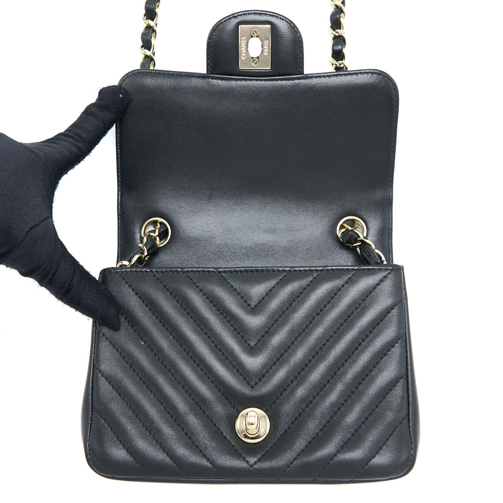 CHANEL MINI SQUARE FLAP BAG CHEVRON LAMBSKIN BLACK LGHW