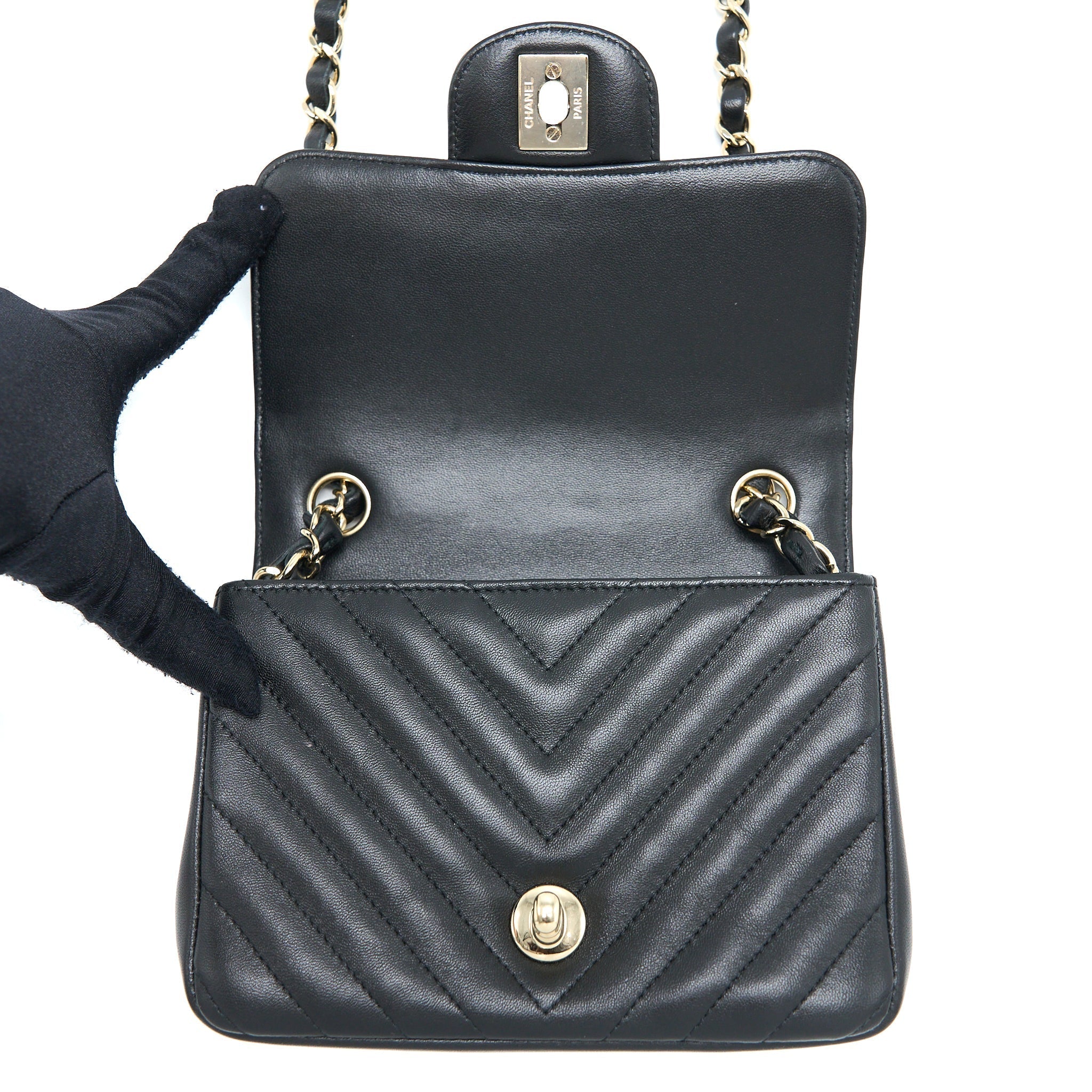 CHANEL MINI SQUARE FLAP BAG CHEVRON LAMBSKIN BLACK LGHW