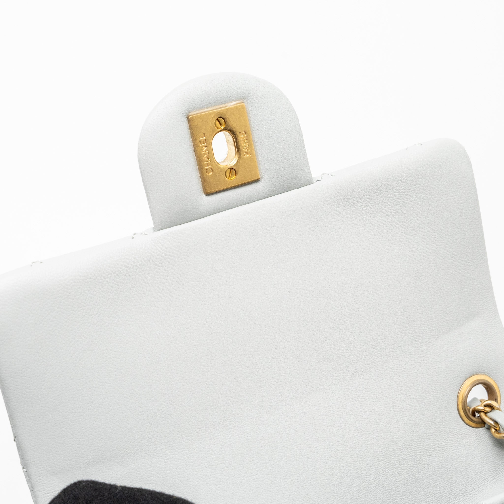 CHANEL 23C PEARL CRUSH MINI SQUARE FLAP BAG LAMBSKIN LIGHT GREY GHW (MICROCHIP)