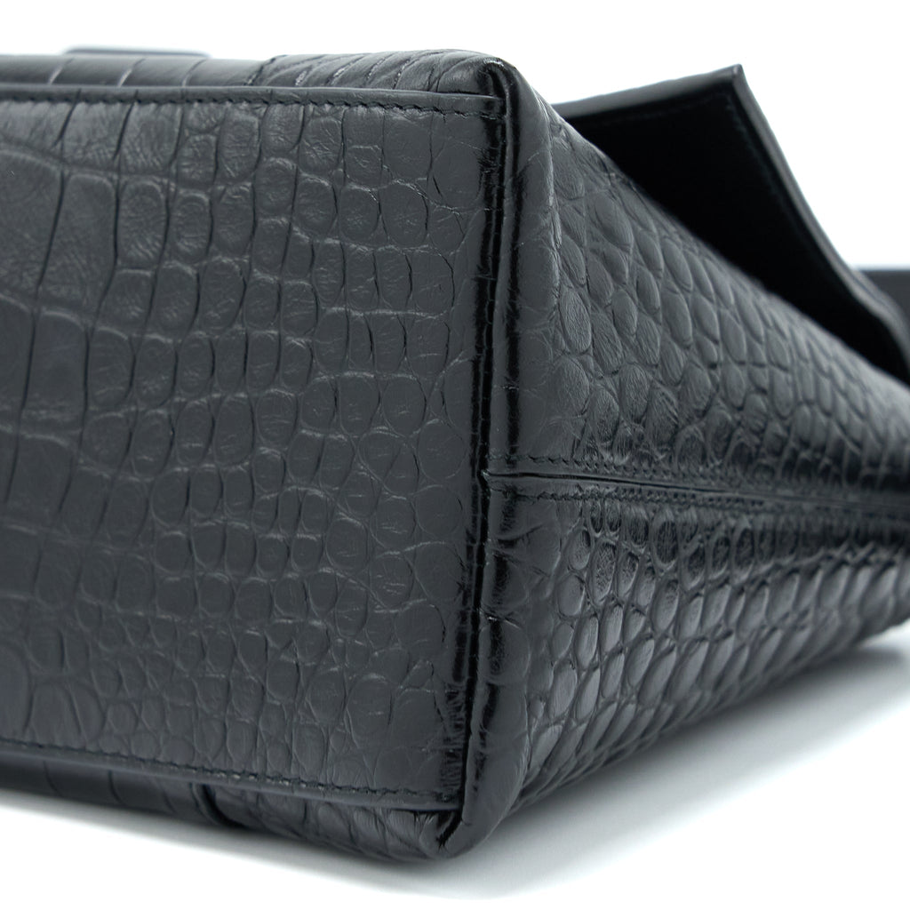 BALENCIAGA SMALL DOWNTOWN SHOULDER BAG CROC EMBOSSED LEATHER BLACK WITH BLACK HARDWARE