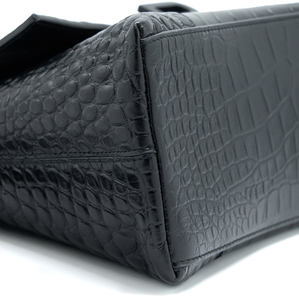 BALENCIAGA SMALL DOWNTOWN SHOULDER BAG CROC EMBOSSED LEATHER BLACK WITH BLACK HARDWARE