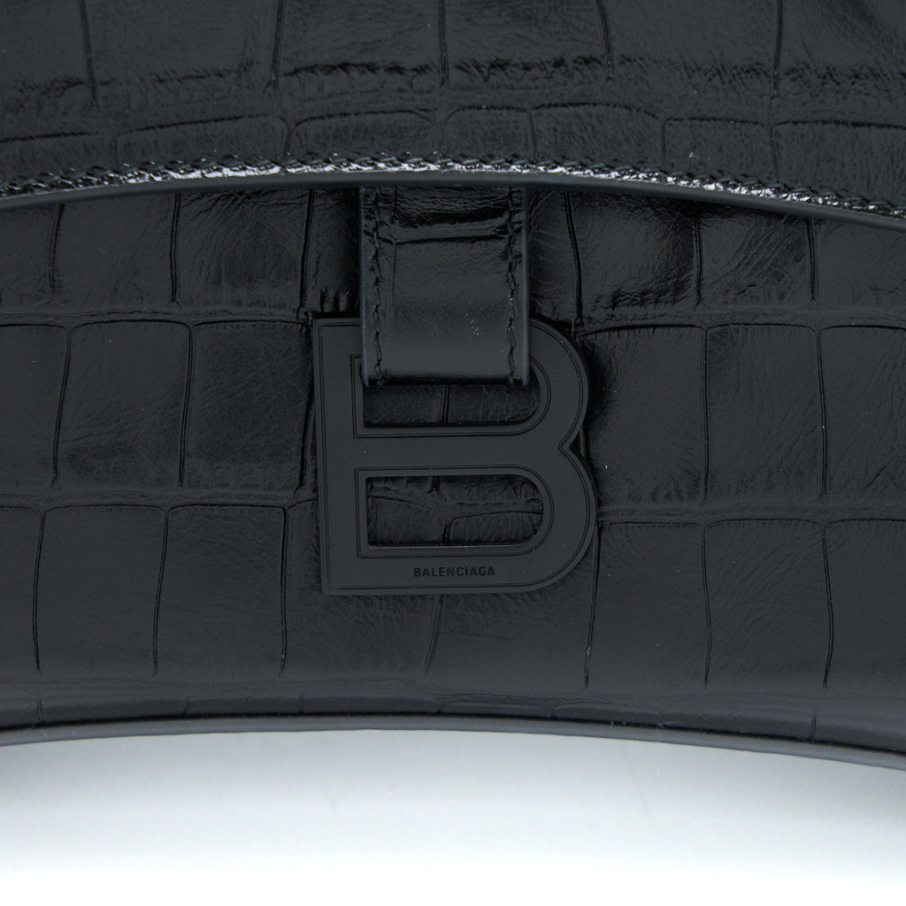 BALENCIAGA SMALL DOWNTOWN SHOULDER BAG CROC EMBOSSED LEATHER BLACK WITH BLACK HARDWARE