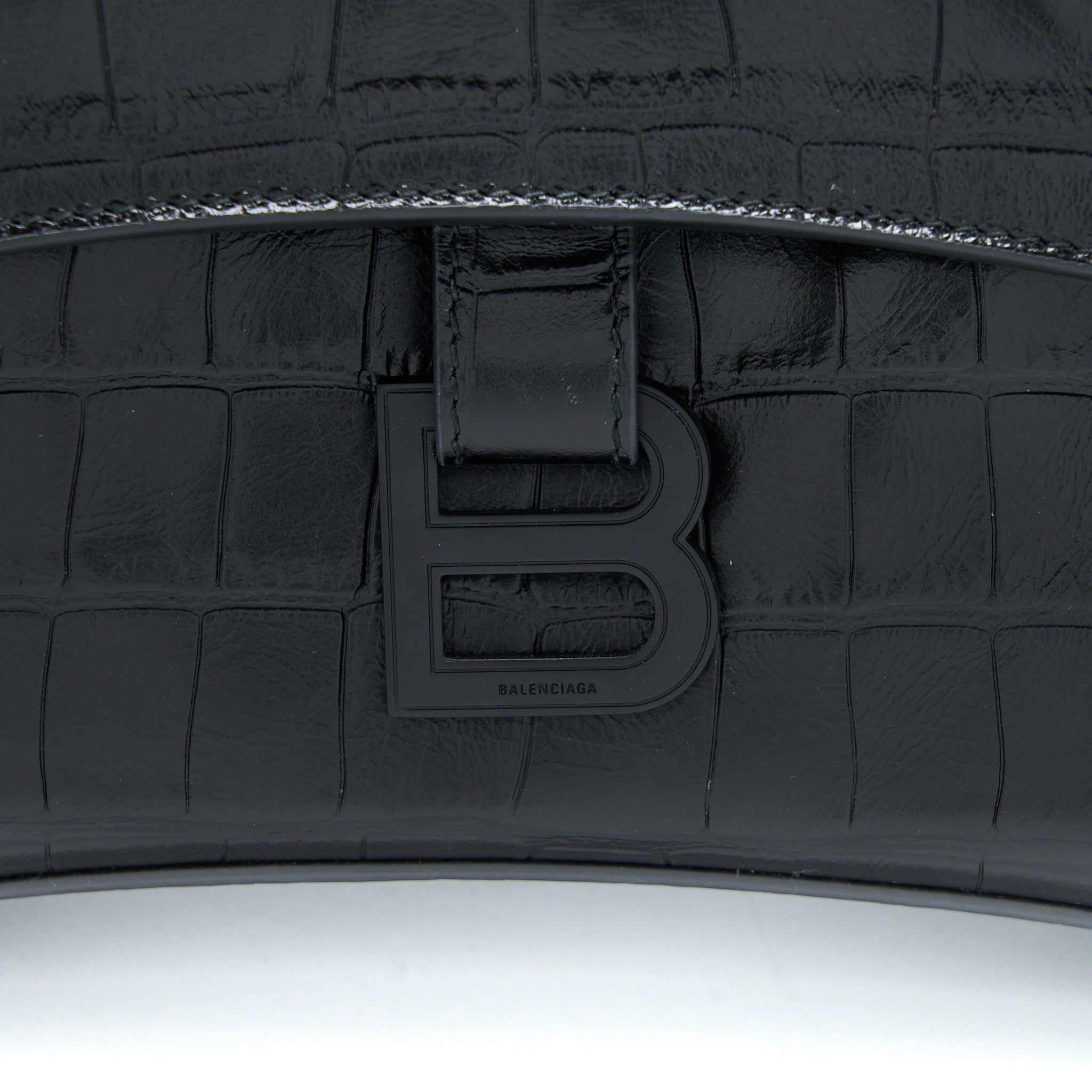 BALENCIAGA SMALL DOWNTOWN SHOULDER BAG CROC EMBOSSED LEATHER BLACK WITH BLACK HARDWARE