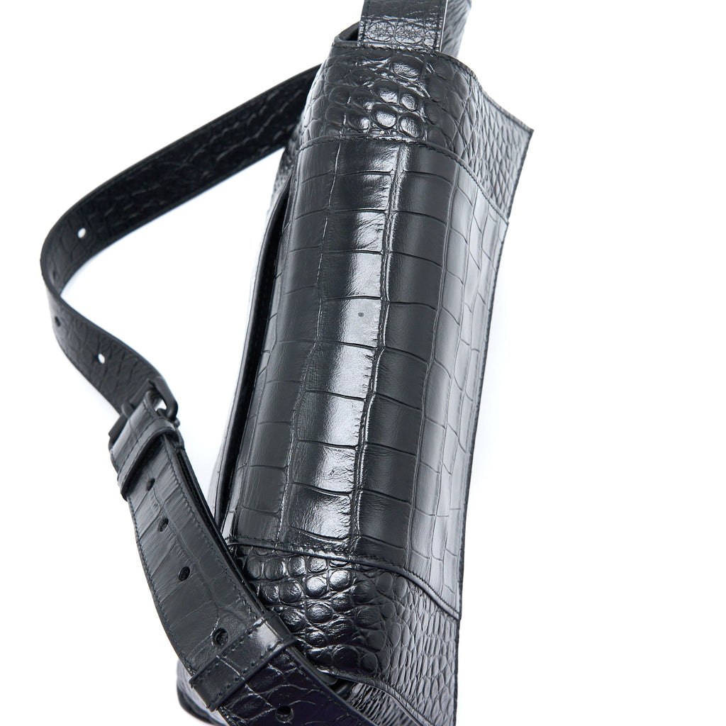BALENCIAGA SMALL DOWNTOWN SHOULDER BAG CROC EMBOSSED LEATHER BLACK WITH BLACK HARDWARE
