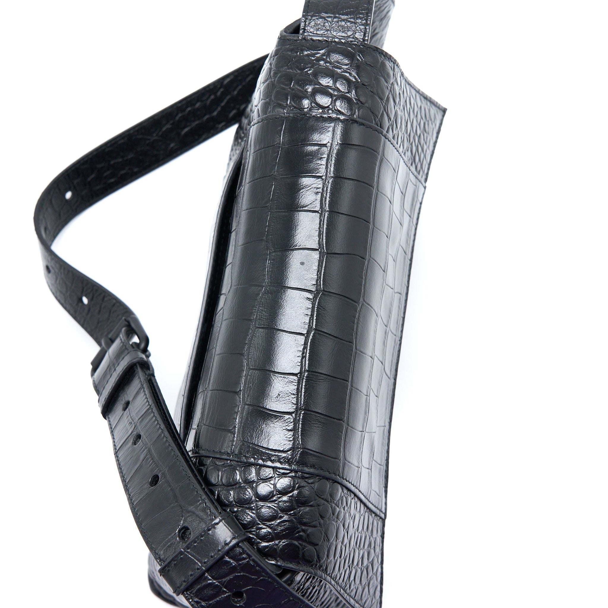 BALENCIAGA SMALL DOWNTOWN SHOULDER BAG CROC EMBOSSED LEATHER BLACK WITH BLACK HARDWARE