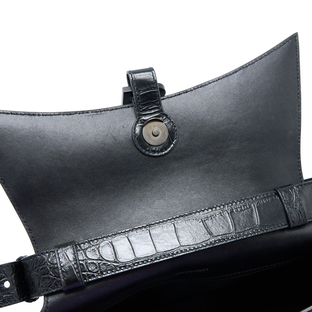 BALENCIAGA SMALL DOWNTOWN SHOULDER BAG CROC EMBOSSED LEATHER BLACK WITH BLACK HARDWARE