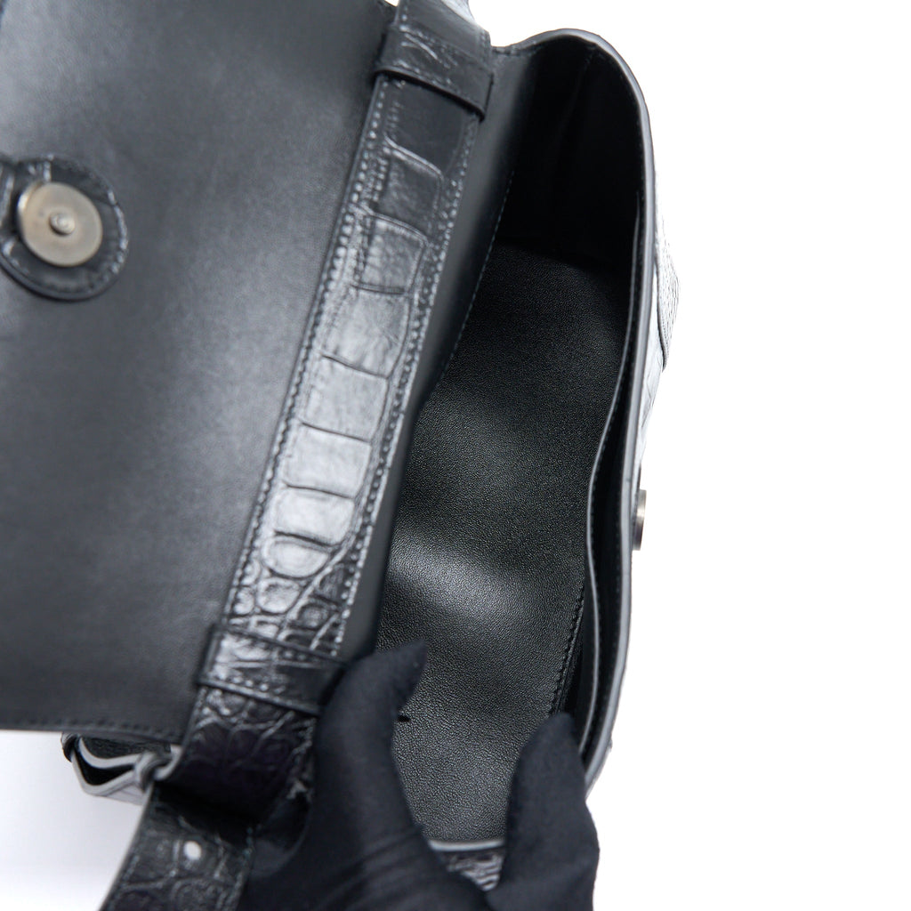 BALENCIAGA SMALL DOWNTOWN SHOULDER BAG CROC EMBOSSED LEATHER BLACK WITH BLACK HARDWARE
