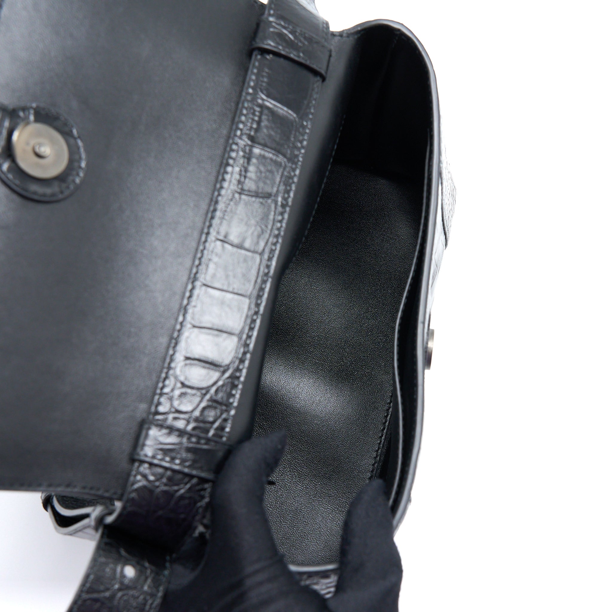 BALENCIAGA SMALL DOWNTOWN SHOULDER BAG CROC EMBOSSED LEATHER BLACK WITH BLACK HARDWARE