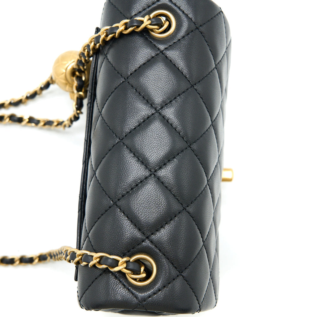 CHANEL PEARL CRUSH MINI SQUARE FLAP BAG LAMBSKIN BLACK BRUSHED GHW (MICROCHIP)