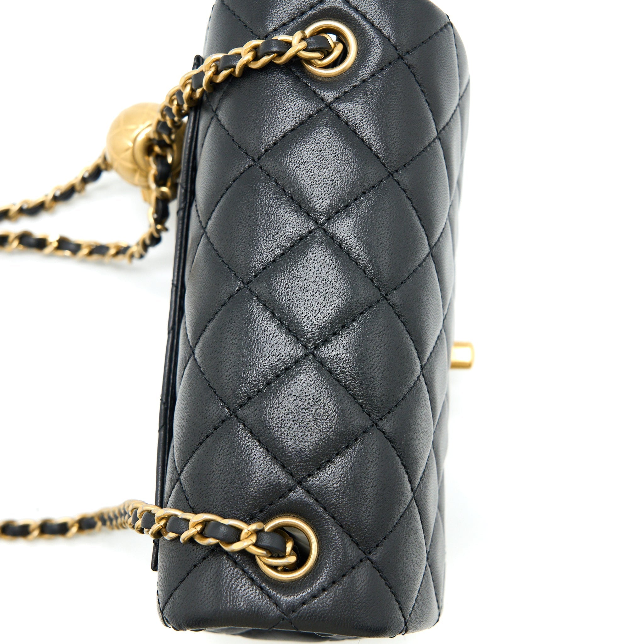 CHANEL PEARL CRUSH MINI SQUARE FLAP BAG LAMBSKIN BLACK BRUSHED GHW (MICROCHIP)