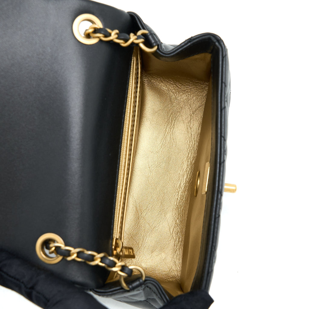 CHANEL PEARL CRUSH MINI SQUARE FLAP BAG LAMBSKIN BLACK BRUSHED GHW (MICROCHIP)