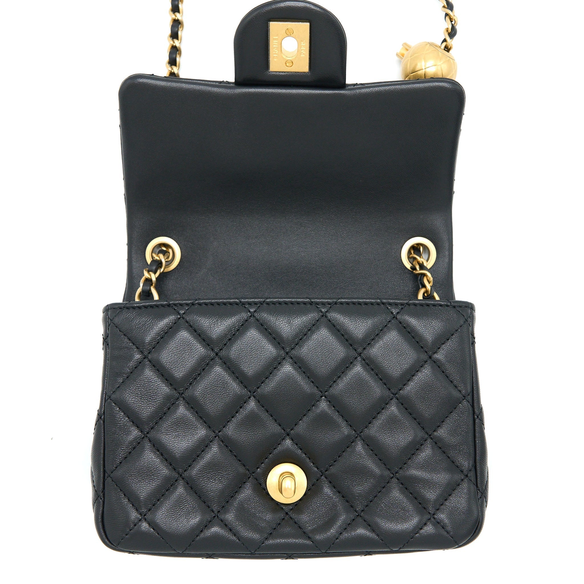 CHANEL PEARL CRUSH MINI SQUARE FLAP BAG LAMBSKIN BLACK BRUSHED GHW (MICROCHIP)