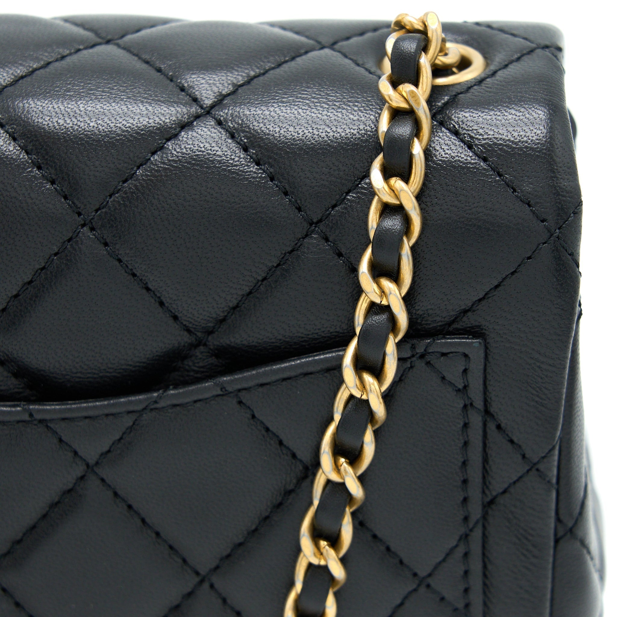CHANEL PEARL CRUSH MINI SQUARE FLAP BAG LAMBSKIN BLACK BRUSHED GHW (MICROCHIP)