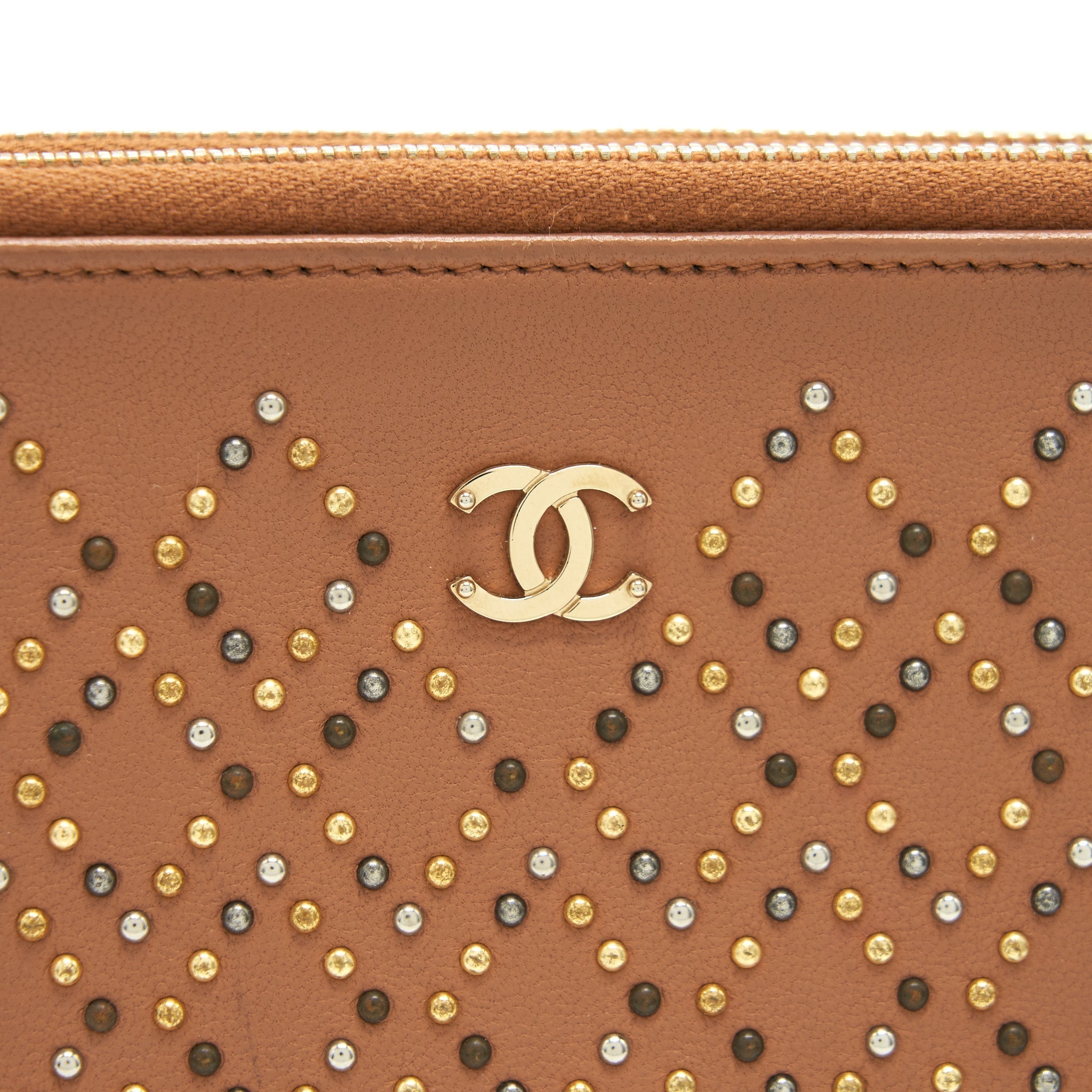 CHANEL STUD DOUBLE ZIP WALLET ON CHAIN DARK BEIGE