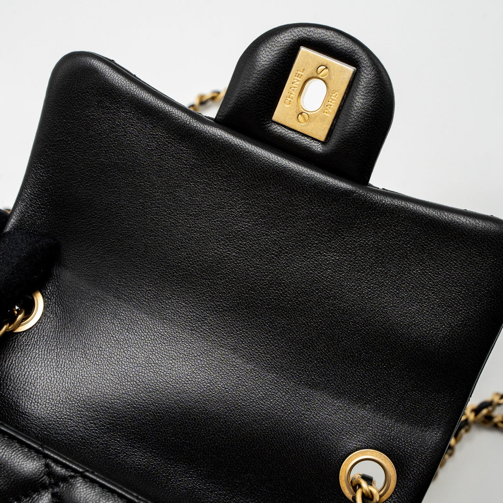 CHANEL PEARL CRUSH MINI SQUARE FLAP BAG LAMBSKIN BLACK BRUSHED GHW (MICROCHIP)