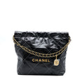 CHANEL SMALL 22 BAG GOLD LETTER SHINY CALFSKIN BLACK GHW (MICROCHIP)
