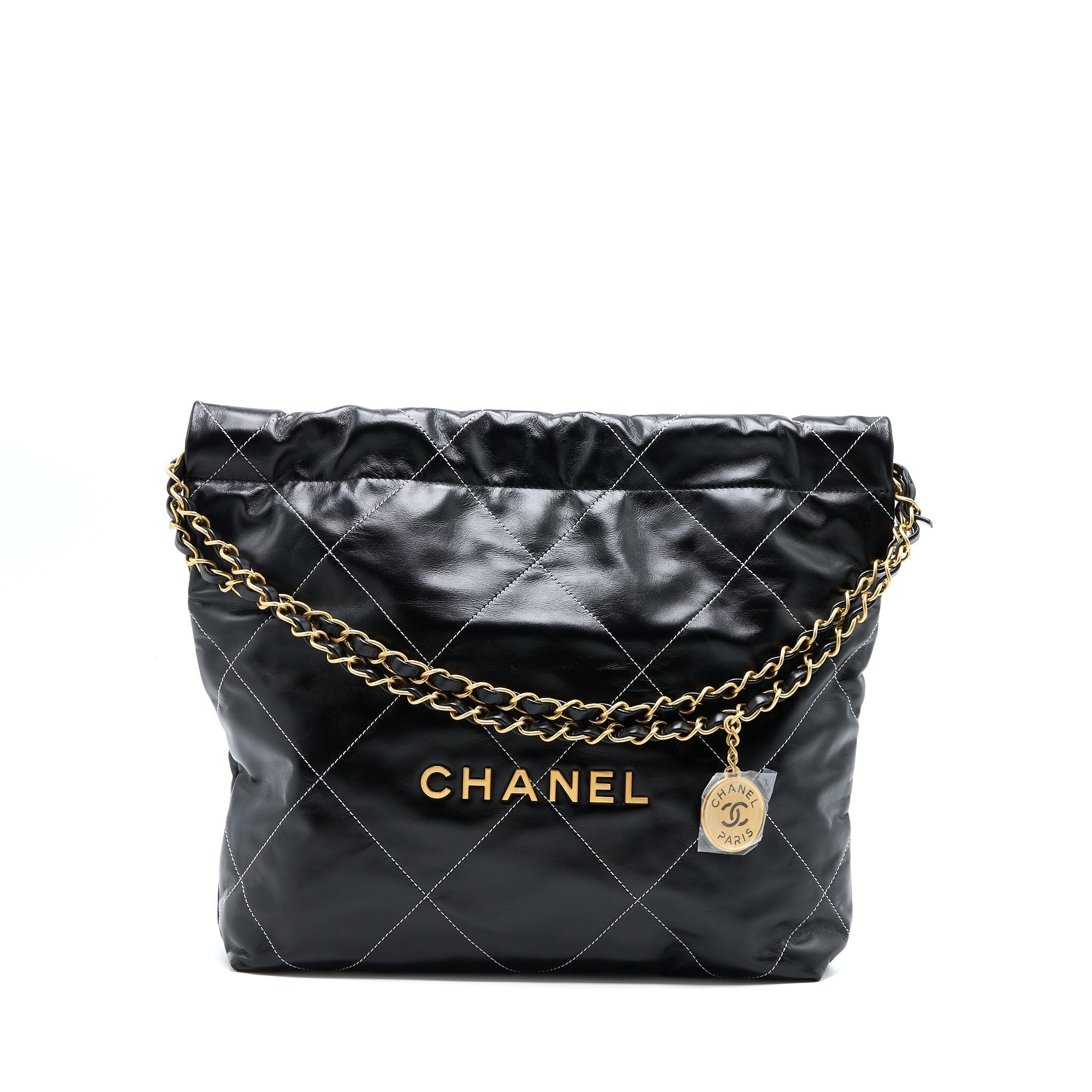 CHANEL SMALL 22 BAG GOLD LETTER SHINY CALFSKIN BLACK GHW (MICROCHIP)