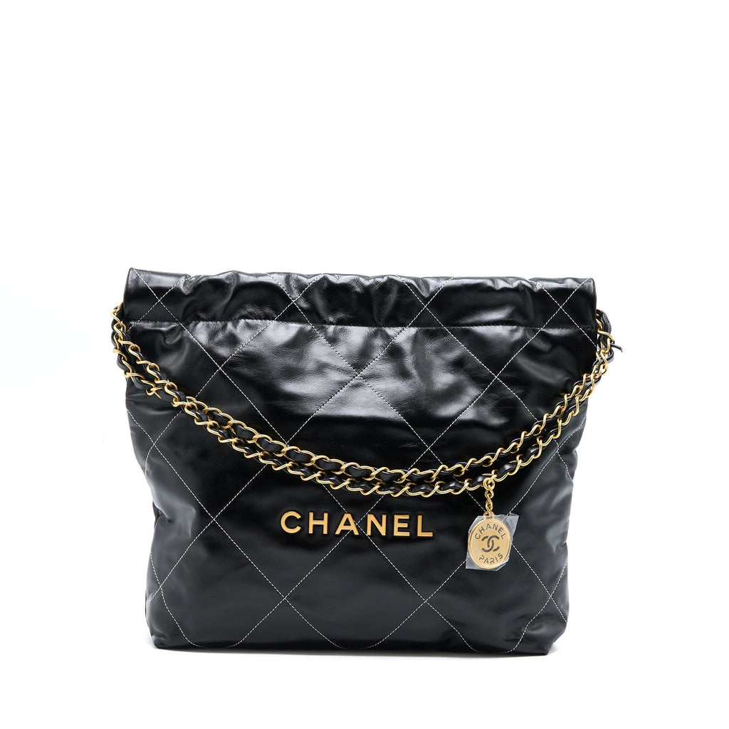 CHANEL SMALL 22 BAG SHINY CALFSKIN BLACK GHW (MICROCHIP)