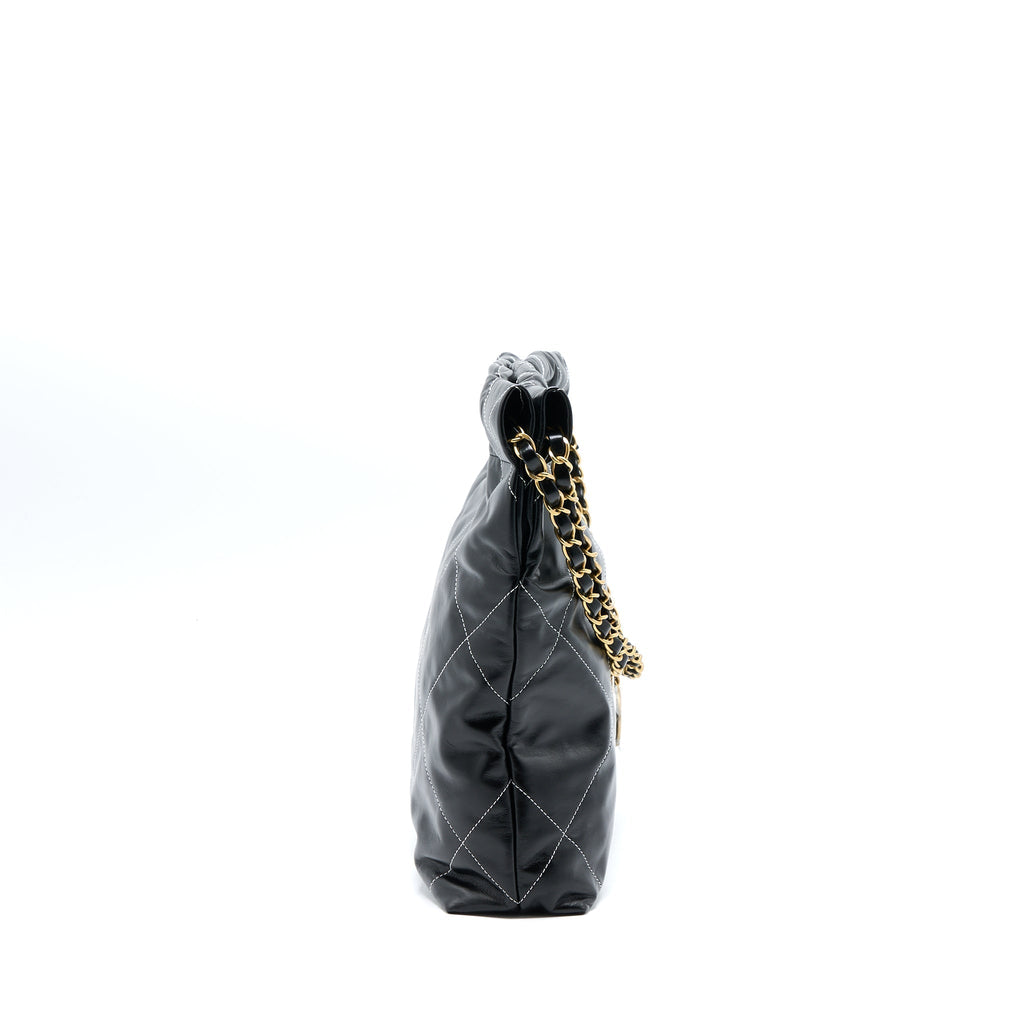 CHANEL SMALL 22 BAG GOLD LETTER SHINY CALFSKIN BLACK GHW (MICROCHIP)