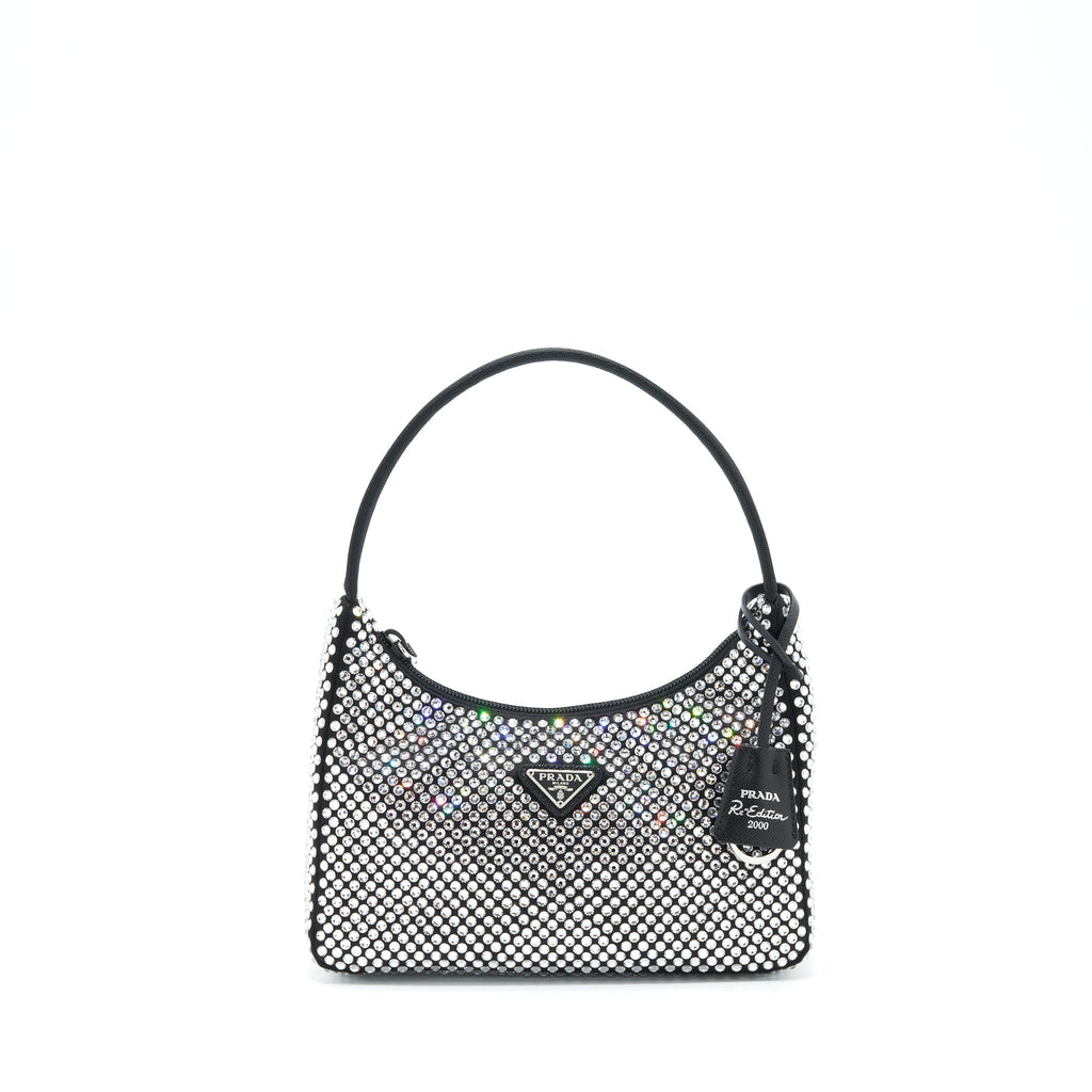 PRADA RE-EDITION 2000 CRYSTAL HOBO BAG NYLON/LEATHER BLACK SHW