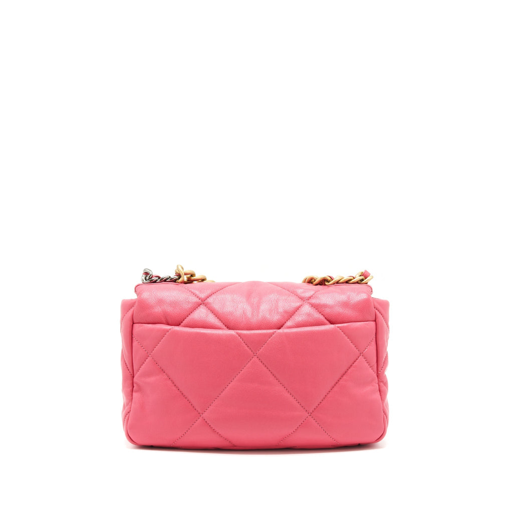 CHANEL SMALL 19 FLAP BAG GOATSKIN PINK WITH GOLD/SILVER HARDWARE