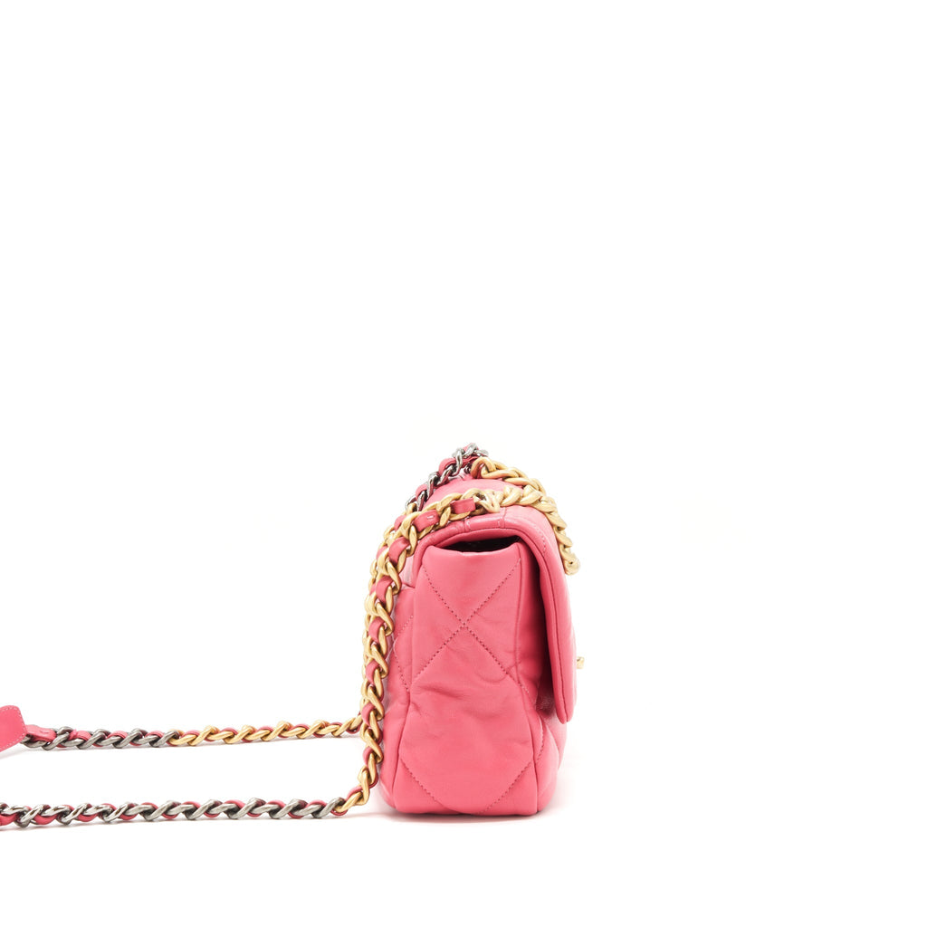 CHANEL SMALL 19 FLAP BAG GOATSKIN PINK WITH GOLD/SILVER HARDWARE