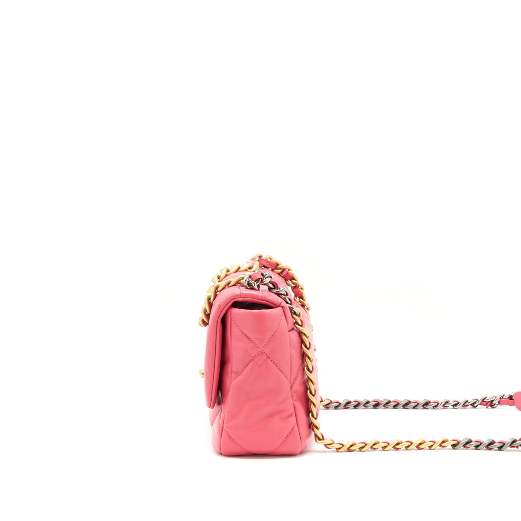 CHANEL SMALL 19 FLAP BAG GOATSKIN PINK WITH GOLD/SILVER HARDWARE