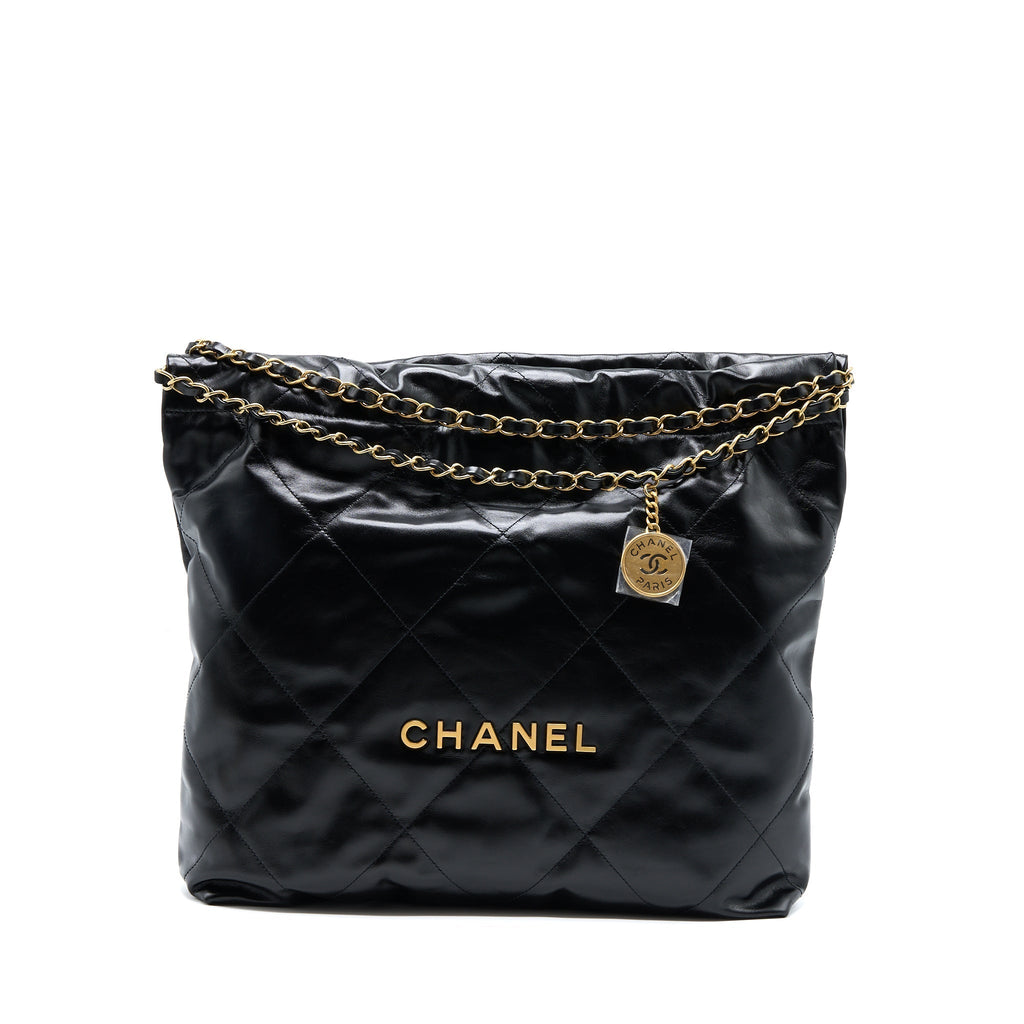 CHANEL MEDIUM 22 BAG GOLD LETTER SHINY CALFSKIN BLACK GHW (MICROCHIP)