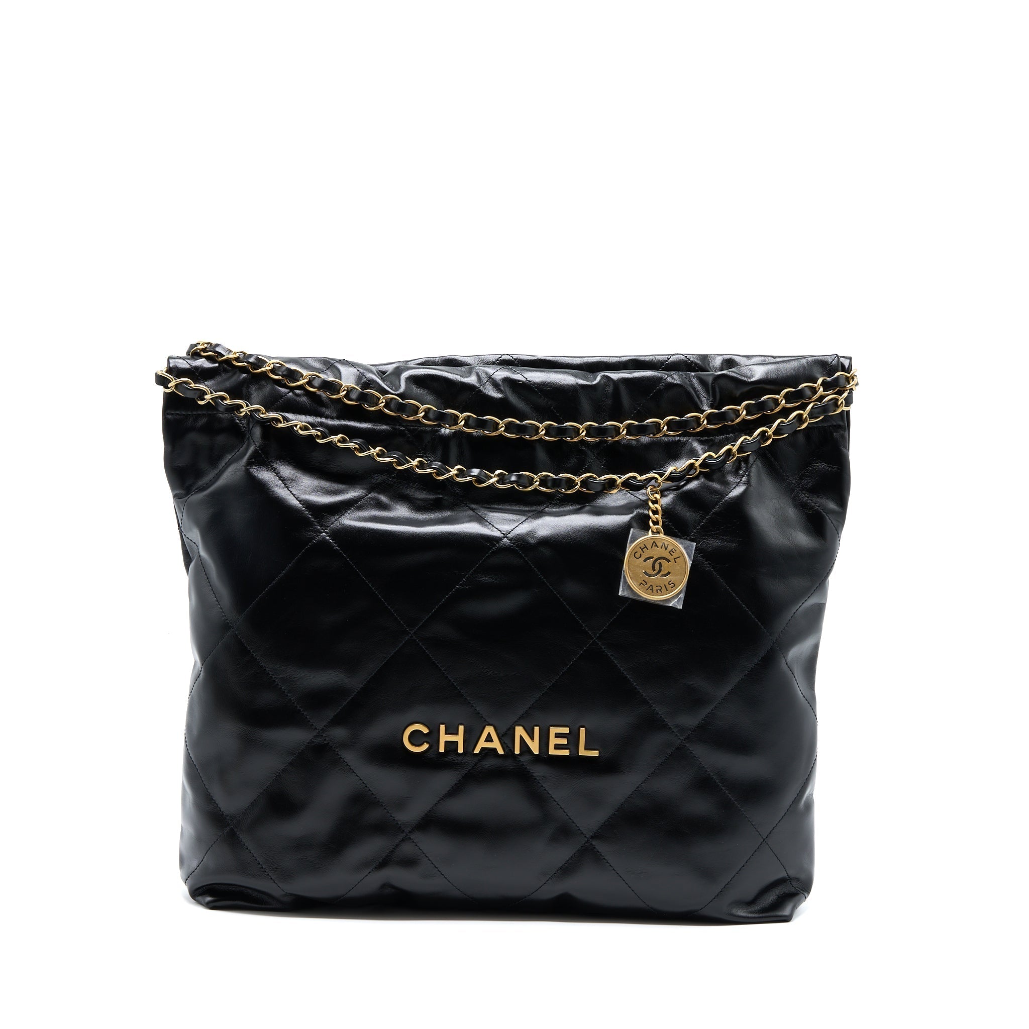 CHANEL MEDIUM 22 BAG GOLD LETTER SHINY CALFSKIN BLACK GHW (MICROCHIP)