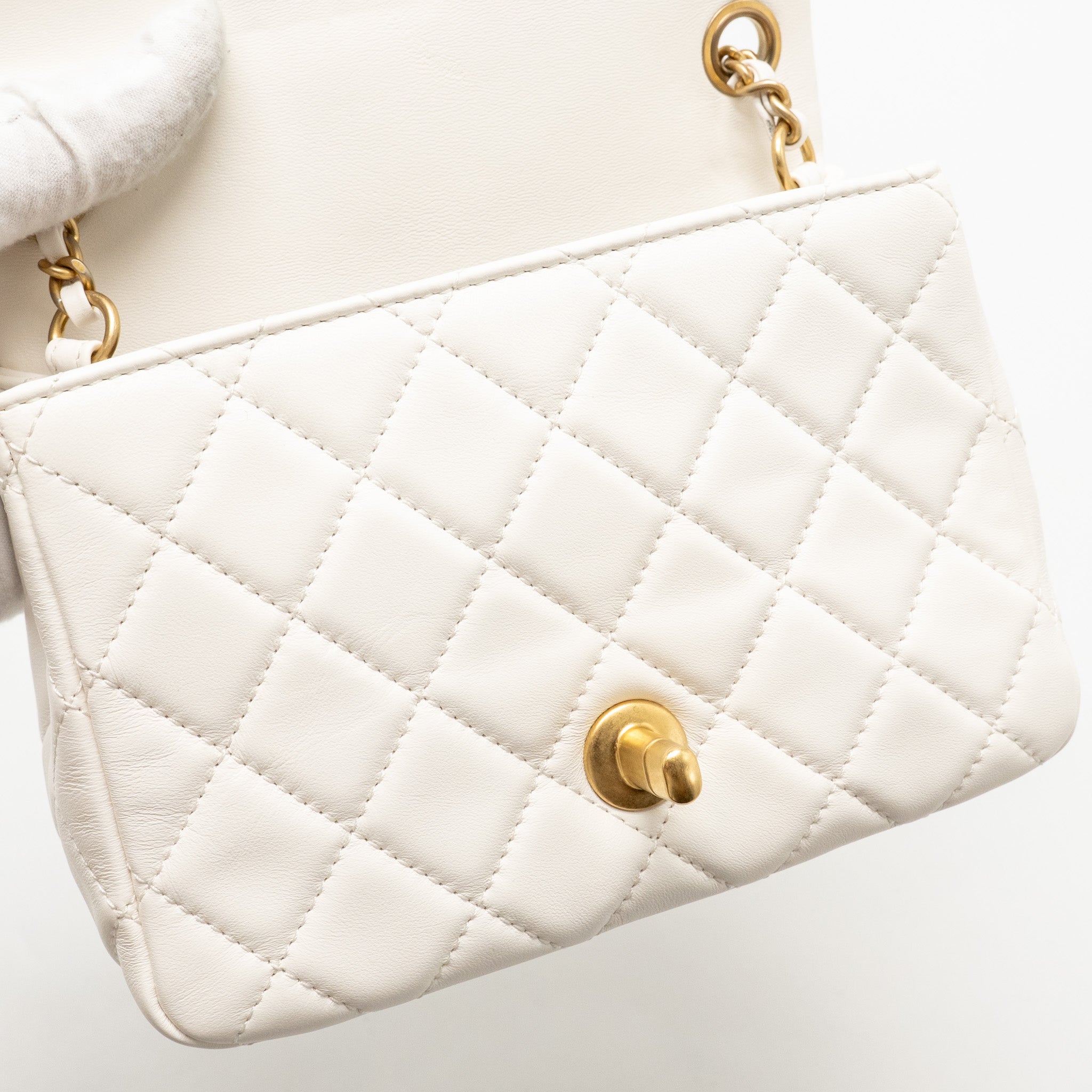 CHANEL PEARL CRUSH MINI SQUARE LAMBSKIN WHITE GHW (MICROCHIP)