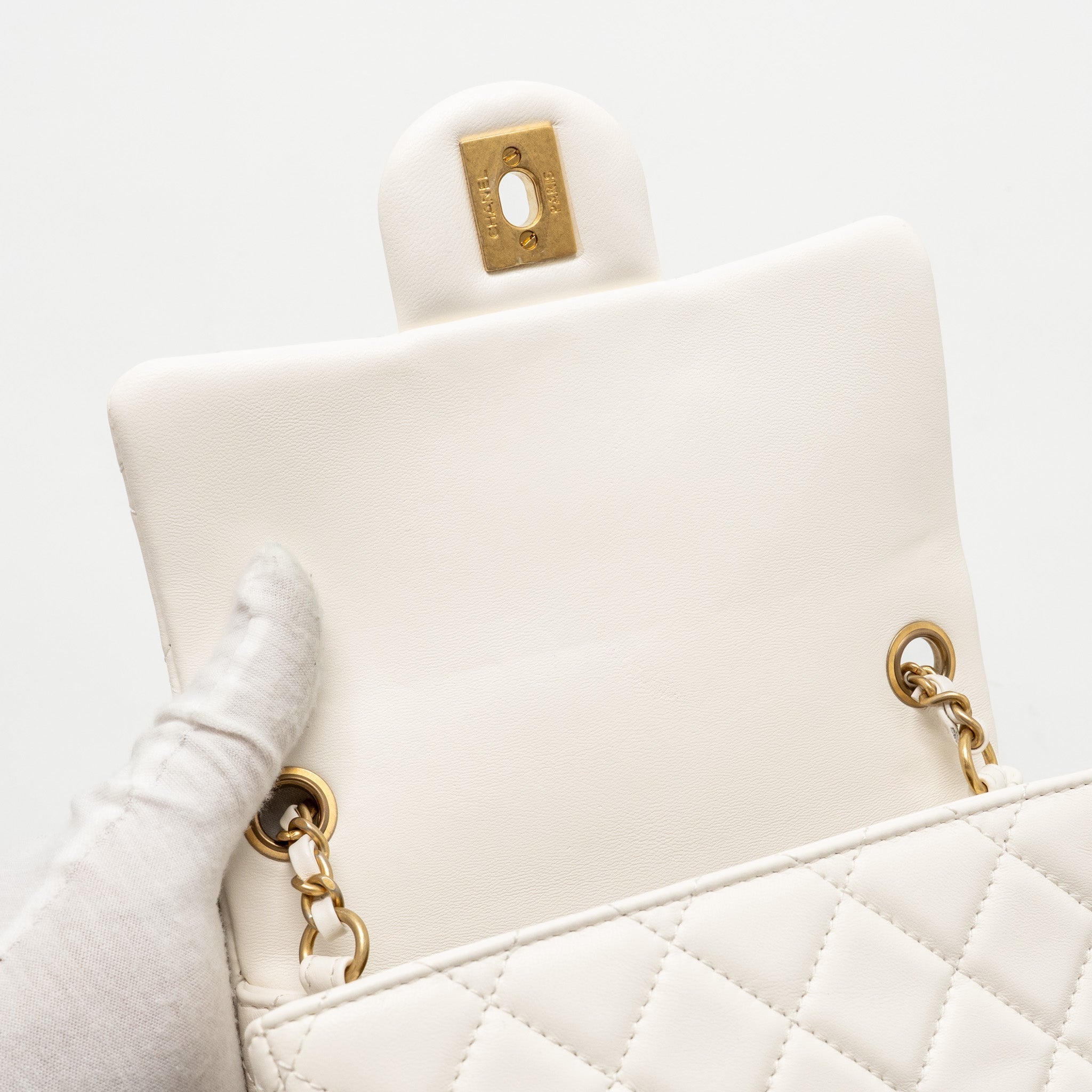 CHANEL PEARL CRUSH MINI SQUARE LAMBSKIN WHITE GHW (MICROCHIP)