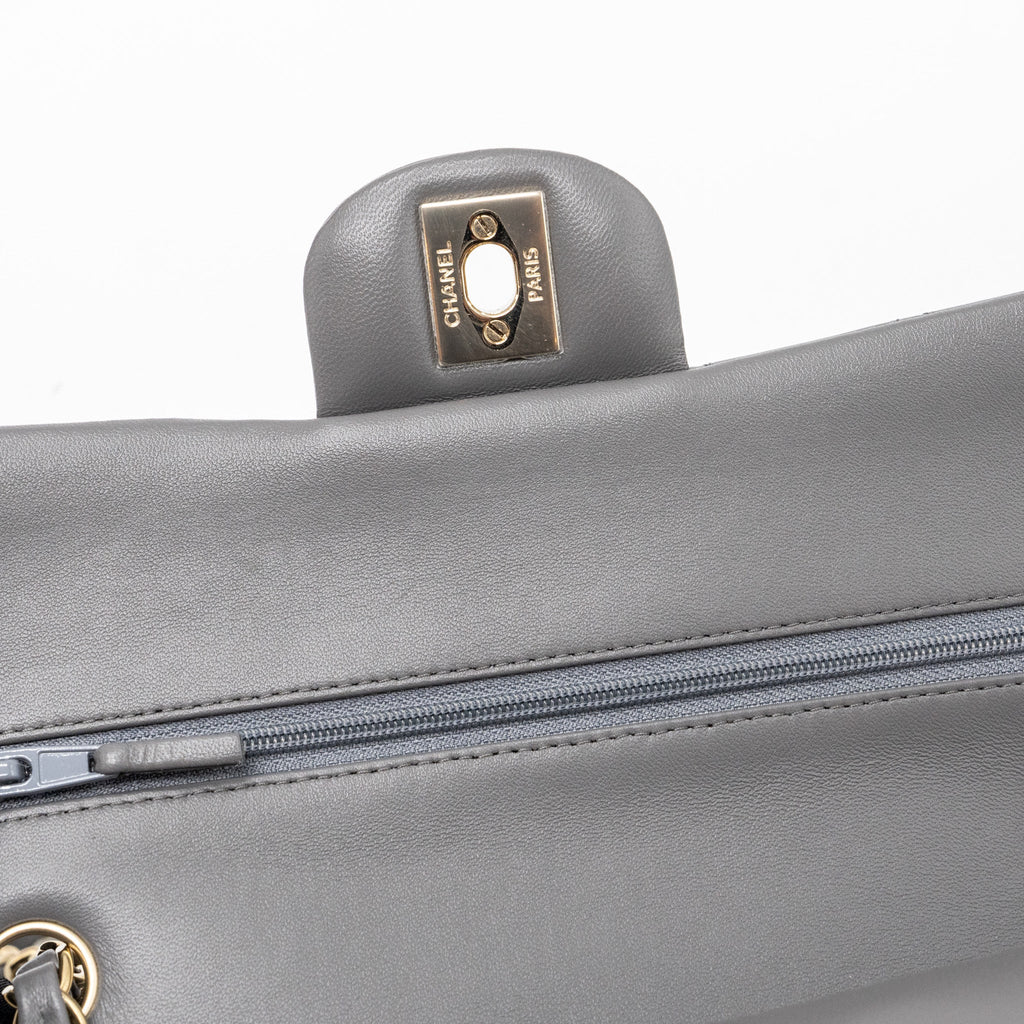 CHANEL SMALL CLASSIC DOUBLE FLAP BAG LAMBSKIN 22A GREY LGHW (MICROCHIP)