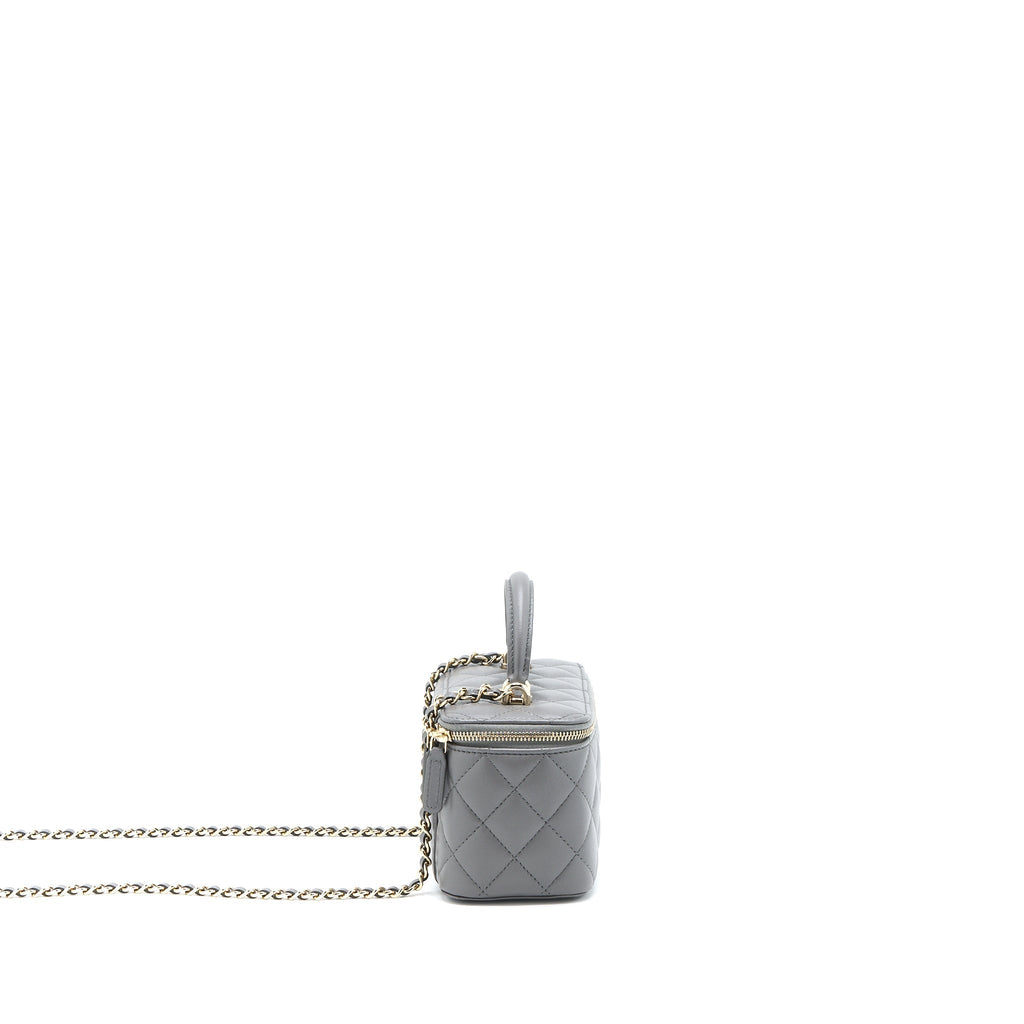 CHANEL TOP HANDLE LONG VANITY WITH CHAIN LAMBSKIN GREY LGHW (MICROCHIP)