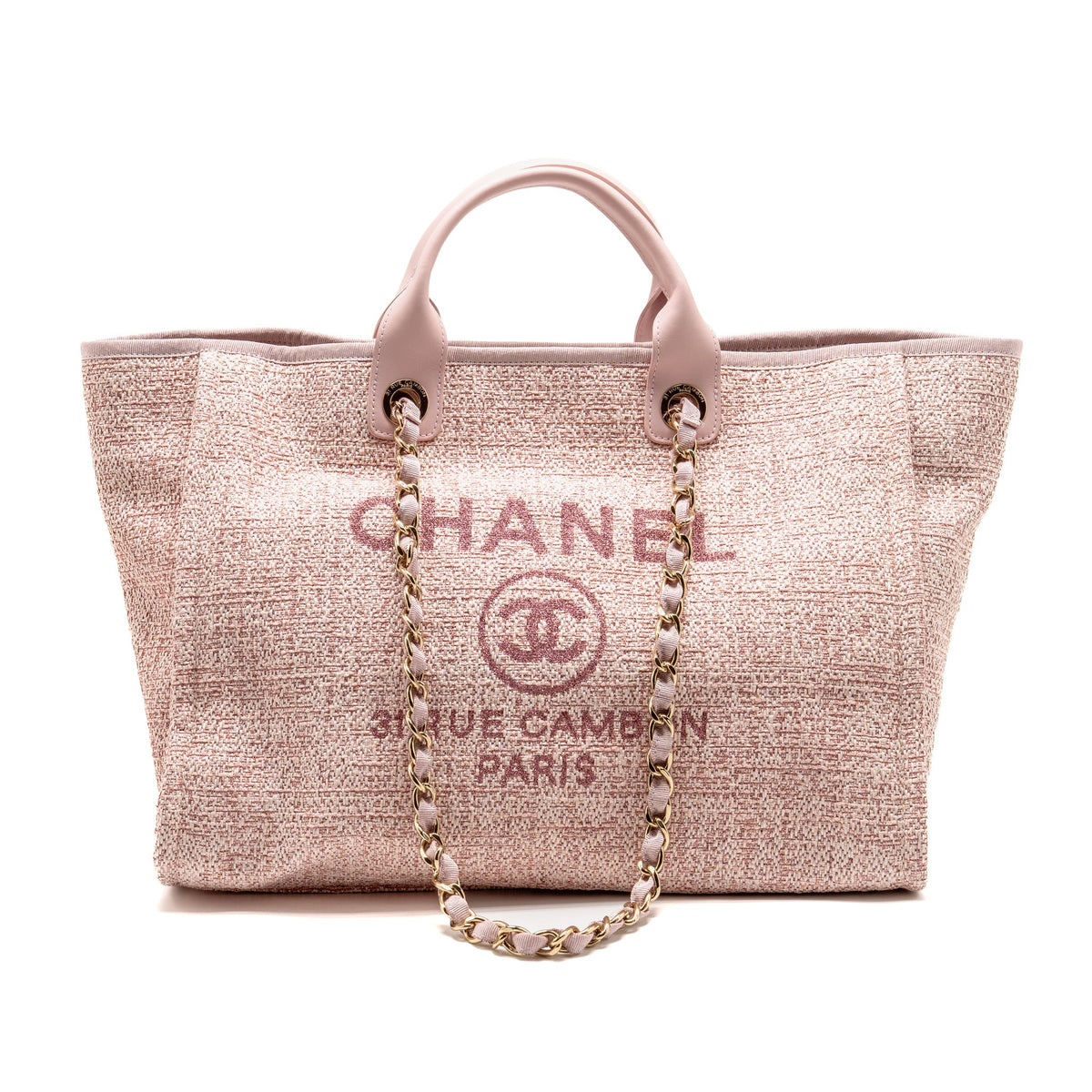 Chanel Large Deauville Tote Shopping Bag Canvas / Calfskin Pink LGHW