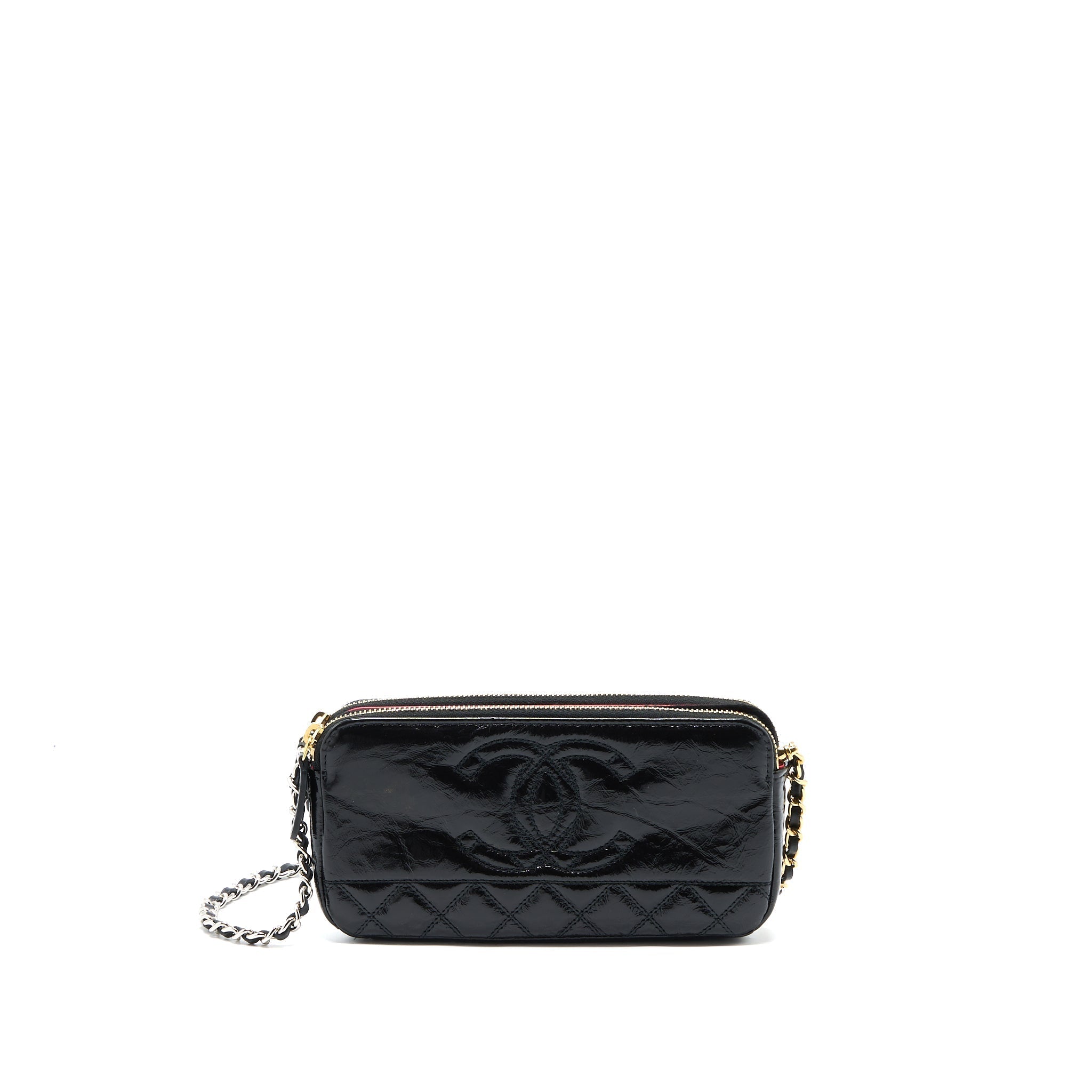 CHANEL DOUBLE ZIP WALLET ON CHAIN AGED CALFSKIN BLACK MULTICOLOUR HARDWARE