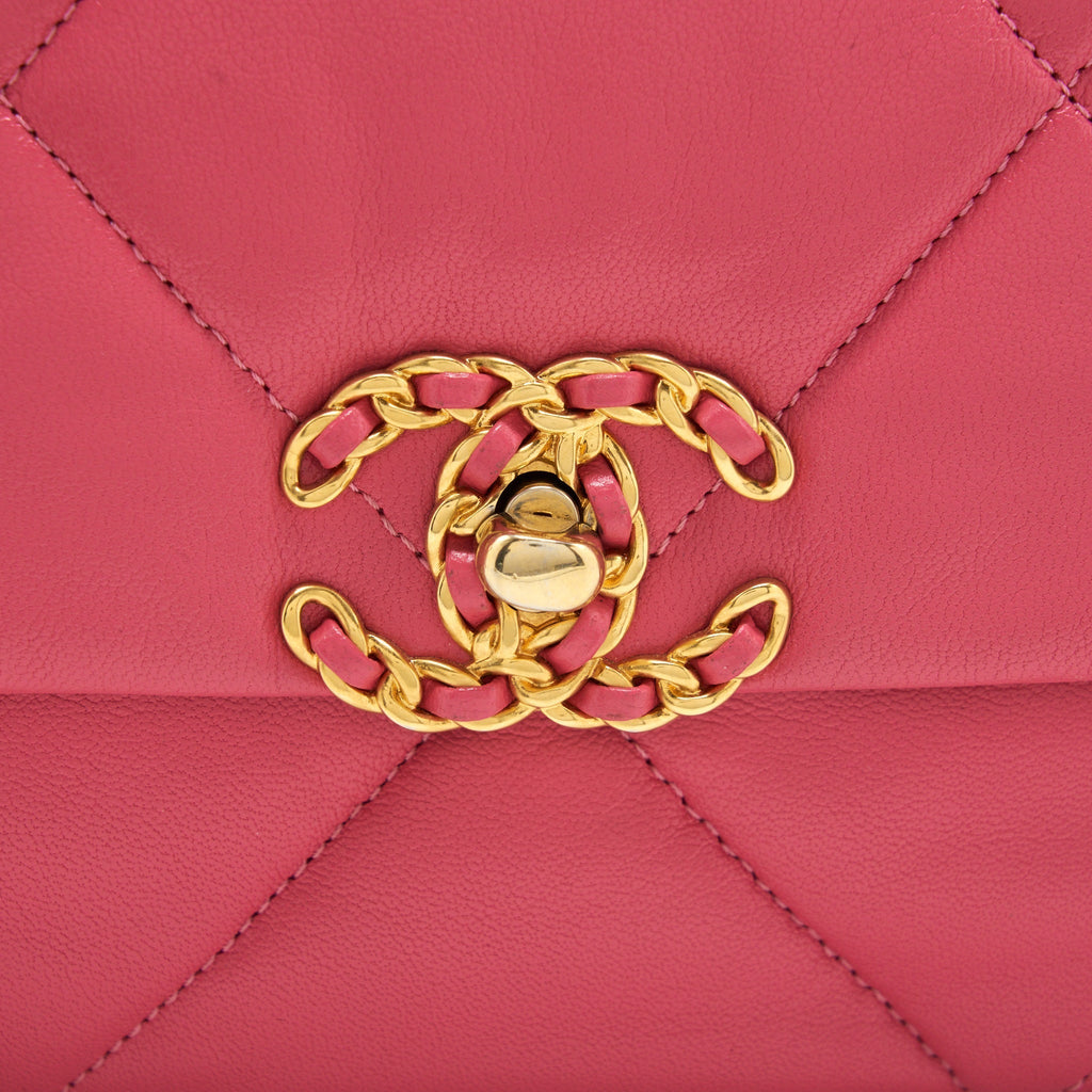 CHANEL SMALL 19 FLAP BAG GOATSKIN PINK WITH GOLD/SILVER HARDWARE