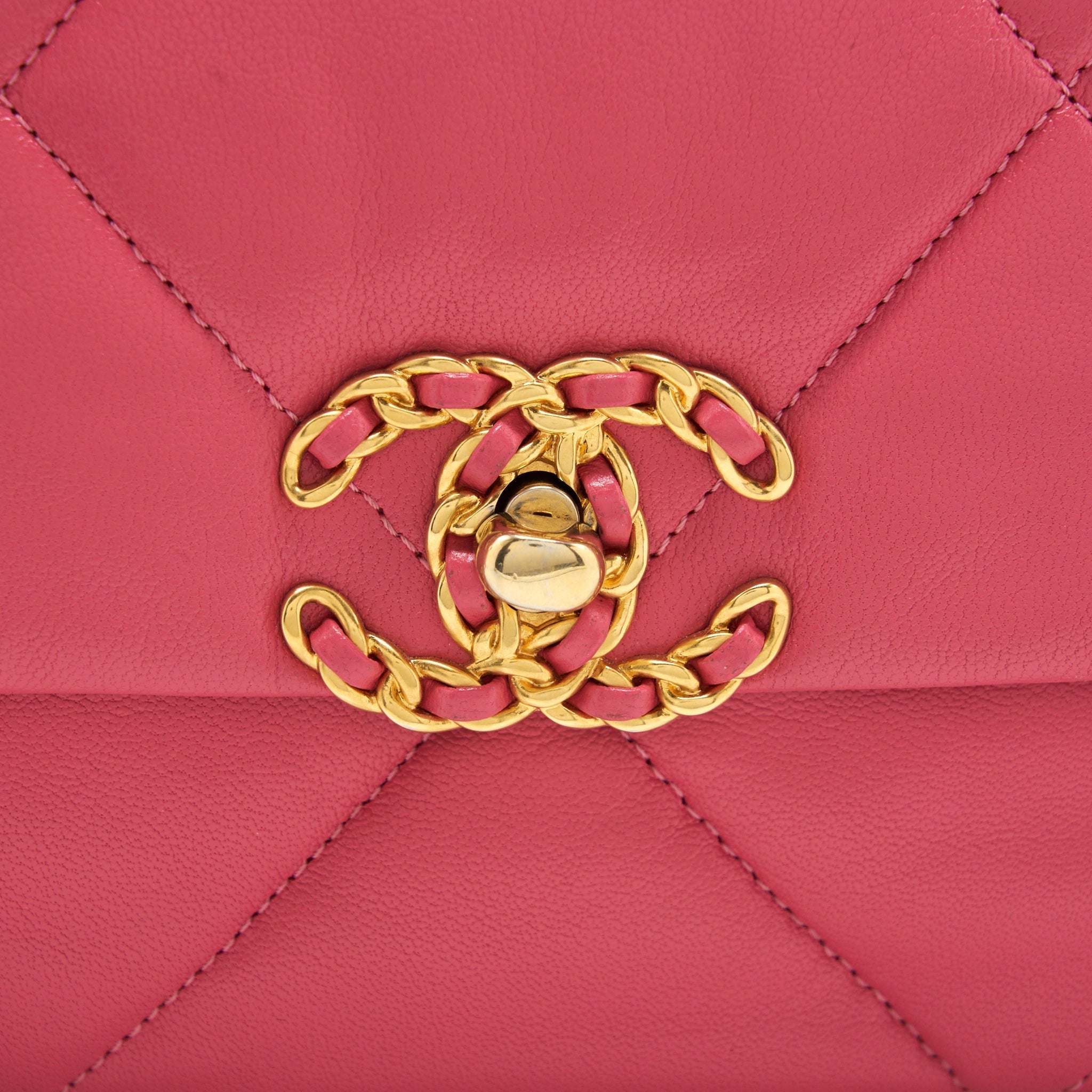 CHANEL SMALL 19 FLAP BAG GOATSKIN PINK WITH GOLD/SILVER HARDWARE