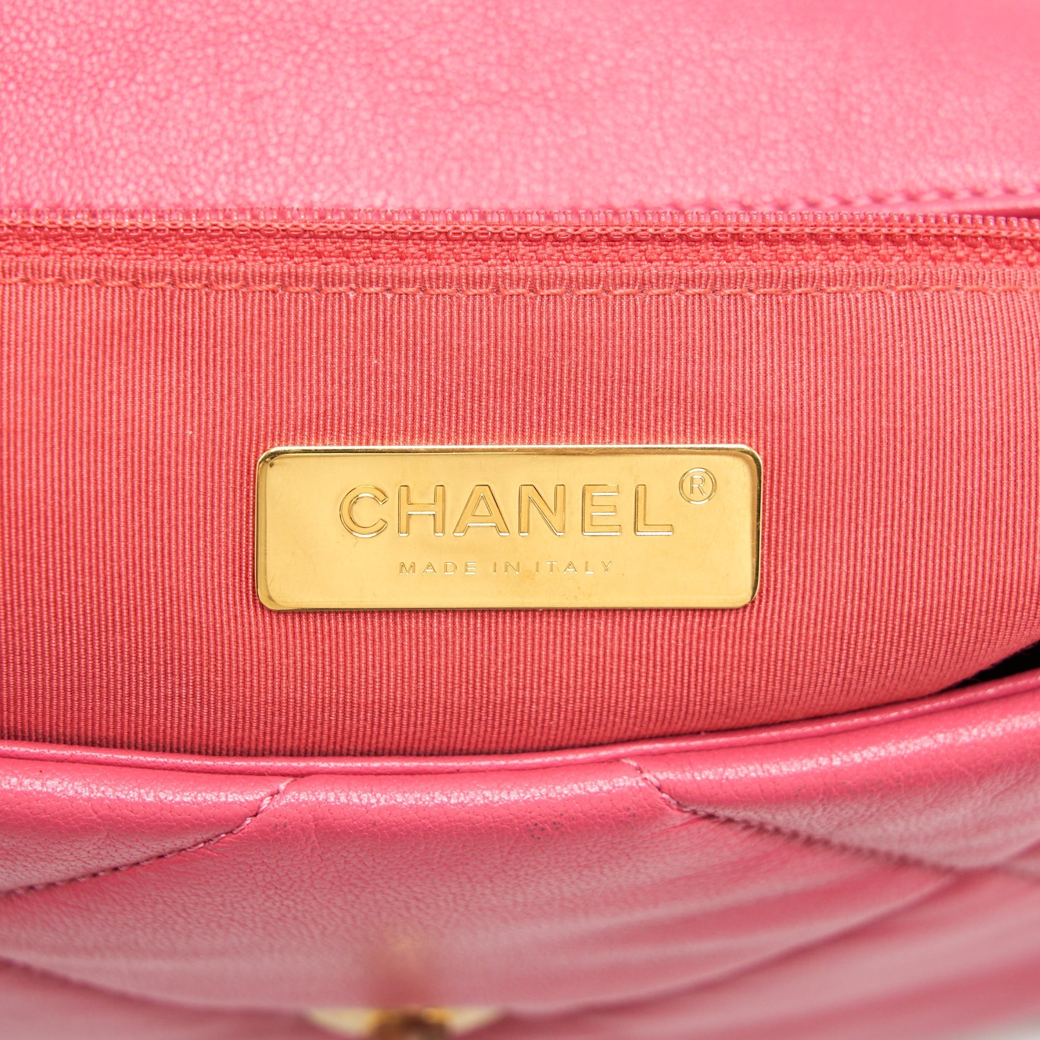 CHANEL SMALL 19 FLAP BAG GOATSKIN PINK WITH GOLD/SILVER HARDWARE