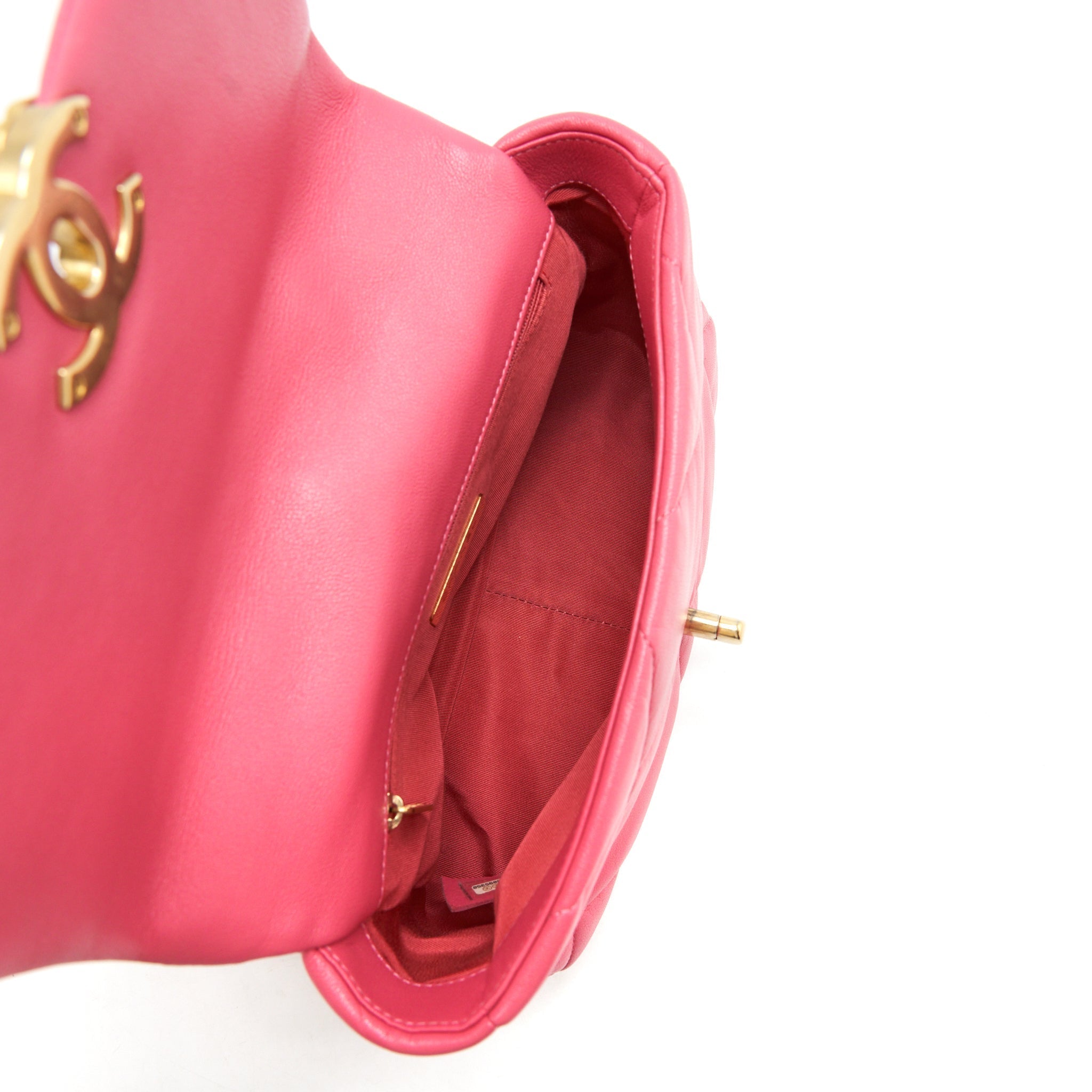 CHANEL SMALL 19 FLAP BAG GOATSKIN PINK WITH GOLD/SILVER HARDWARE