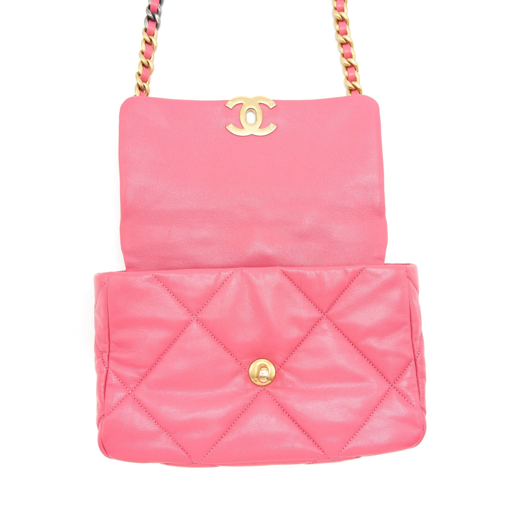 CHANEL SMALL 19 FLAP BAG GOATSKIN PINK WITH GOLD/SILVER HARDWARE