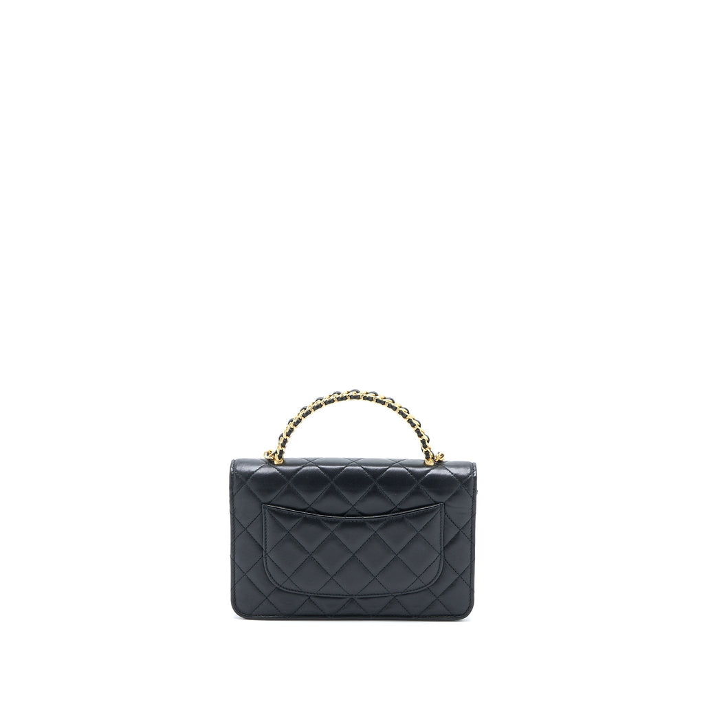 CHANEL DETAILED TOP HANDLE WALLET ON CHAIN LAMBSKIN BLACK BRUSHED GHW (MICROCHIP)