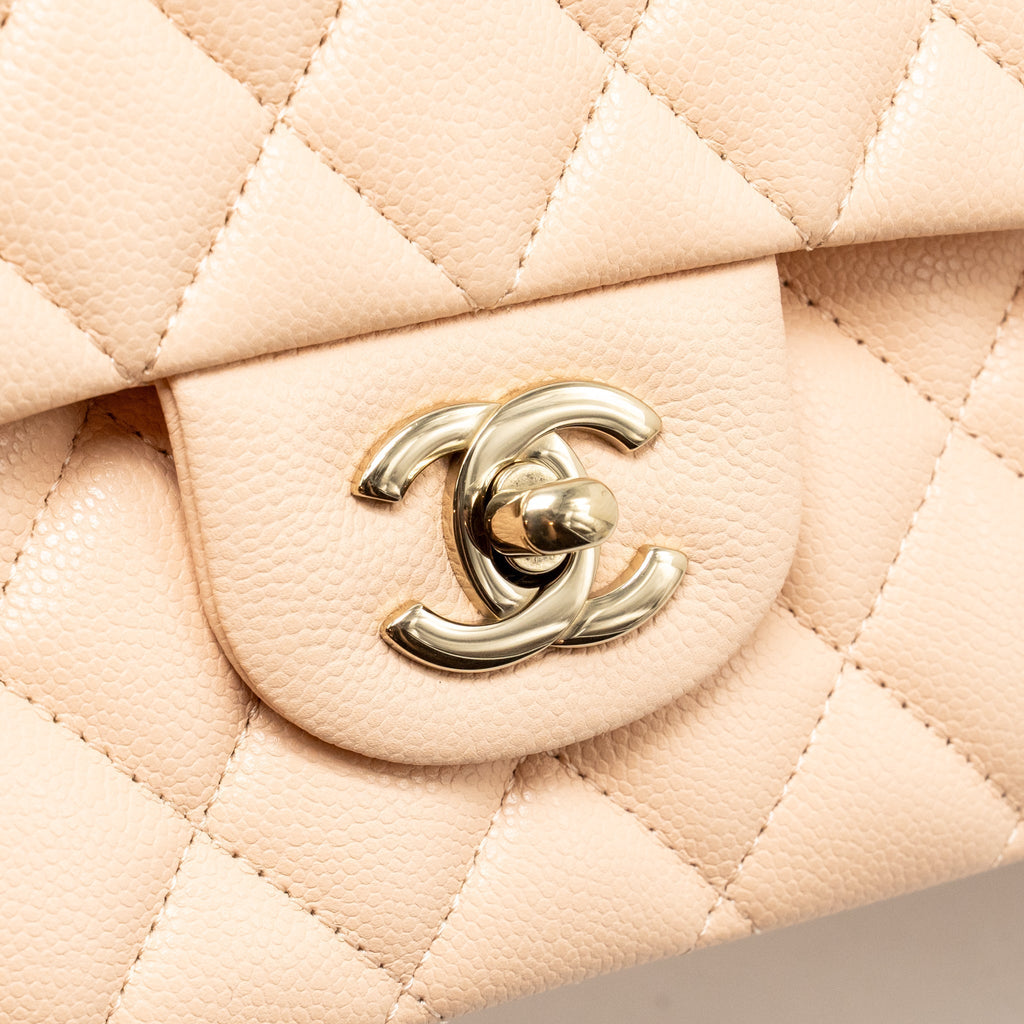 CHANEL MEDIUM CLASSIC DOUBLE FLAP BAG CAVIAR LIGHT BEIGE LGHW (MICROCHIP)