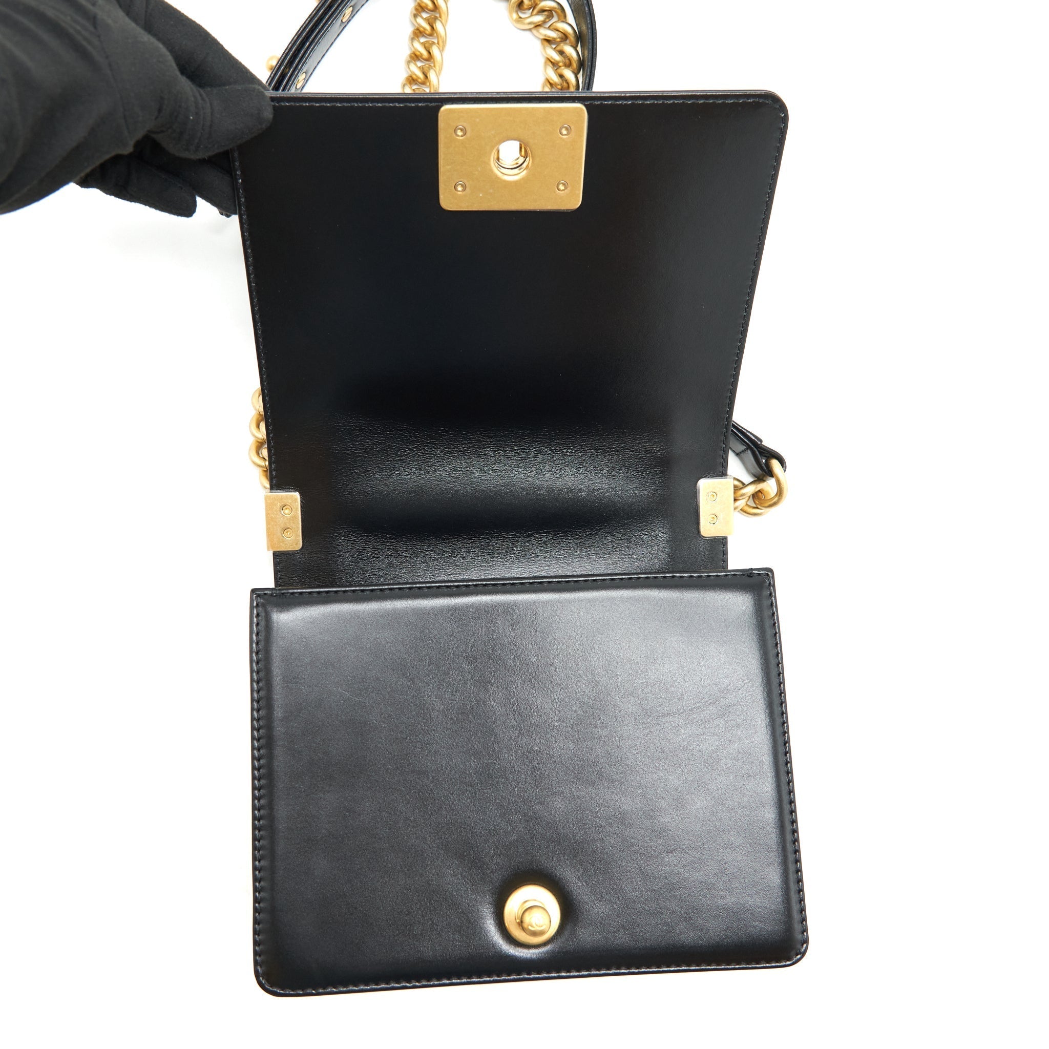CHANEL 22P MINI BOY CHAIN HANDBAG CALFSKIN BLACK GHW