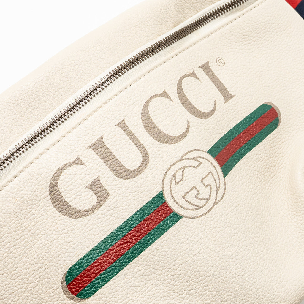 GUCCI LOGO PRINT BELT BAG CALFSKIN WHITE GHW