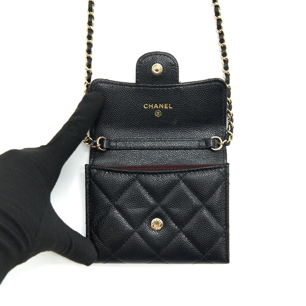 CHANEL CLASSIC CARD HOLDER WITH CHAIN CAVIAR BLACK LGHW