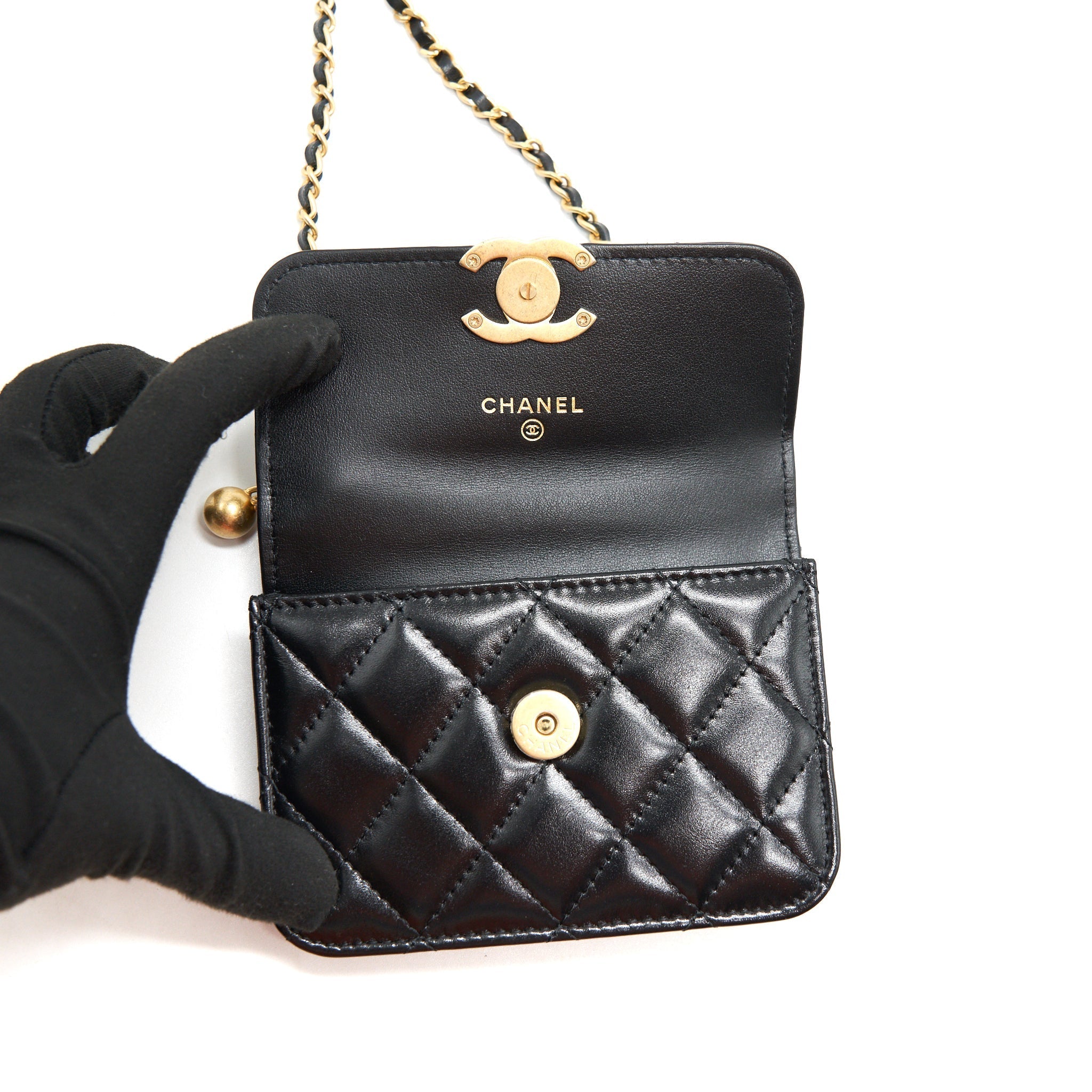 CHANEL 21A FLAP COIN PURSE WITH CHAIN CALFSKIN BLACK GHW