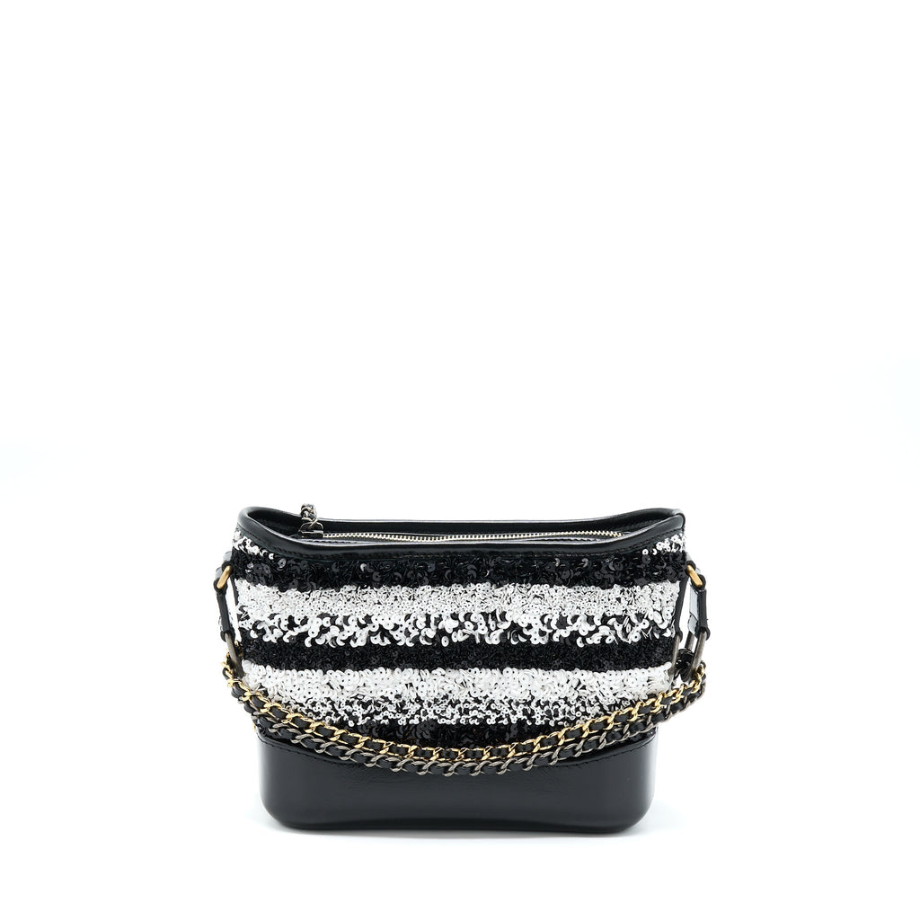 CHANEL SMALL GABRIELLE HOBO BAG SEQUINS BLACK/WHITE WITH MULTICOLOUR HARDWARE