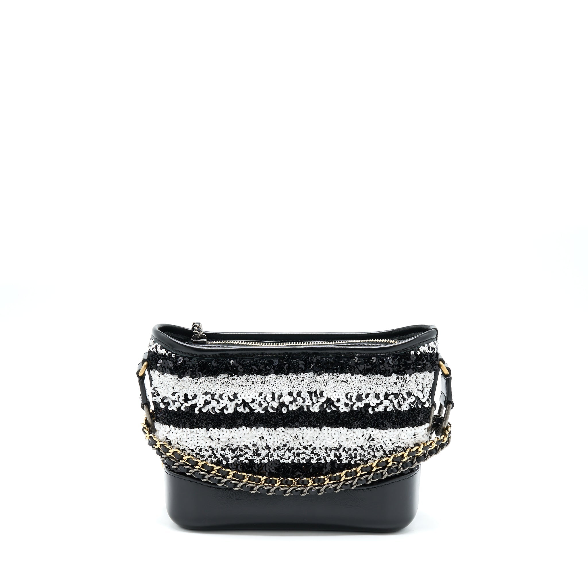 CHANEL SMALL GABRIELLE HOBO BAG SEQUINS BLACK/WHITE WITH MULTICOLOUR HARDWARE