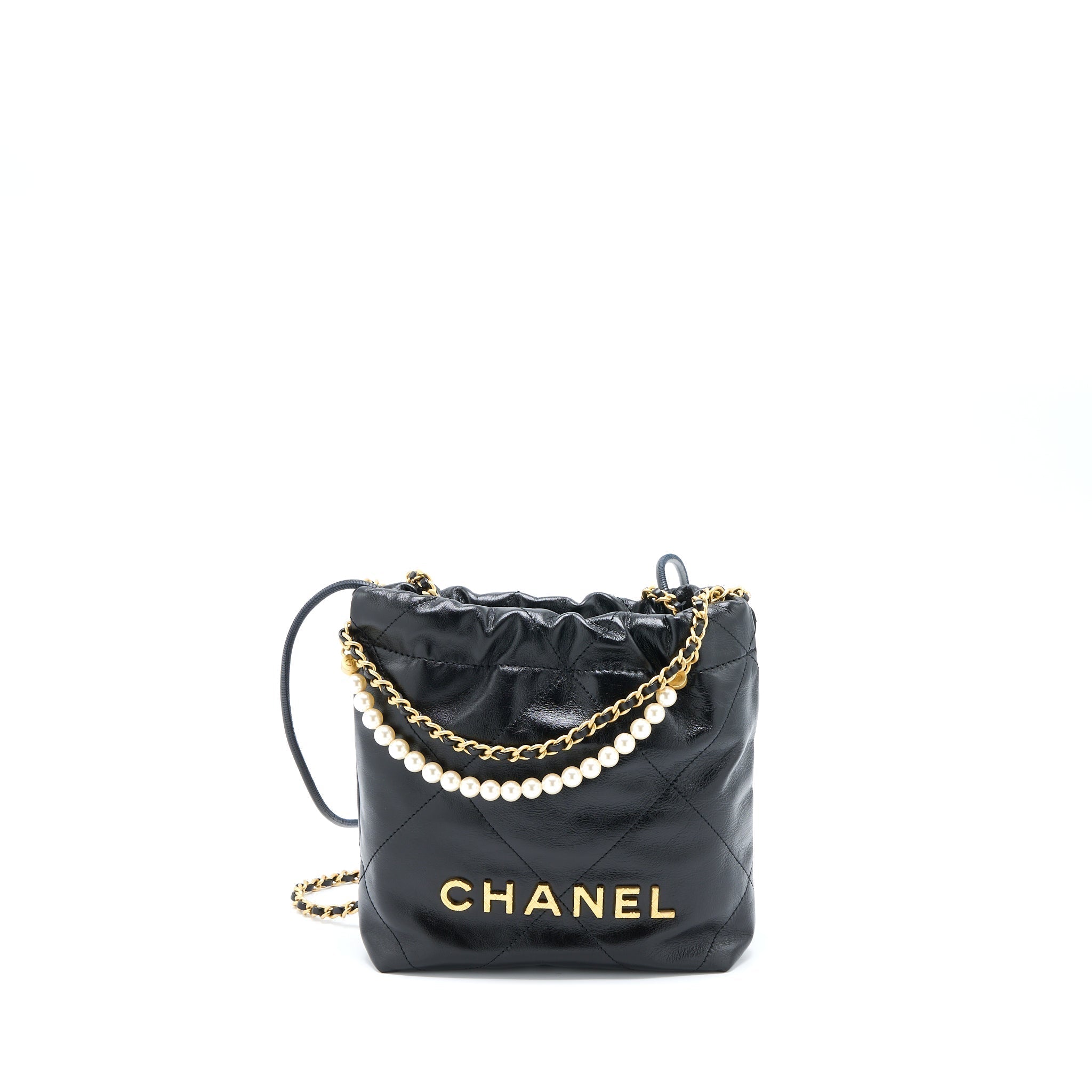CHANEL 23S MINI 22 BAG WITH PEARL SHINY CALFSKIN BLACK BRUSHED GHW (MICROCHIP)
