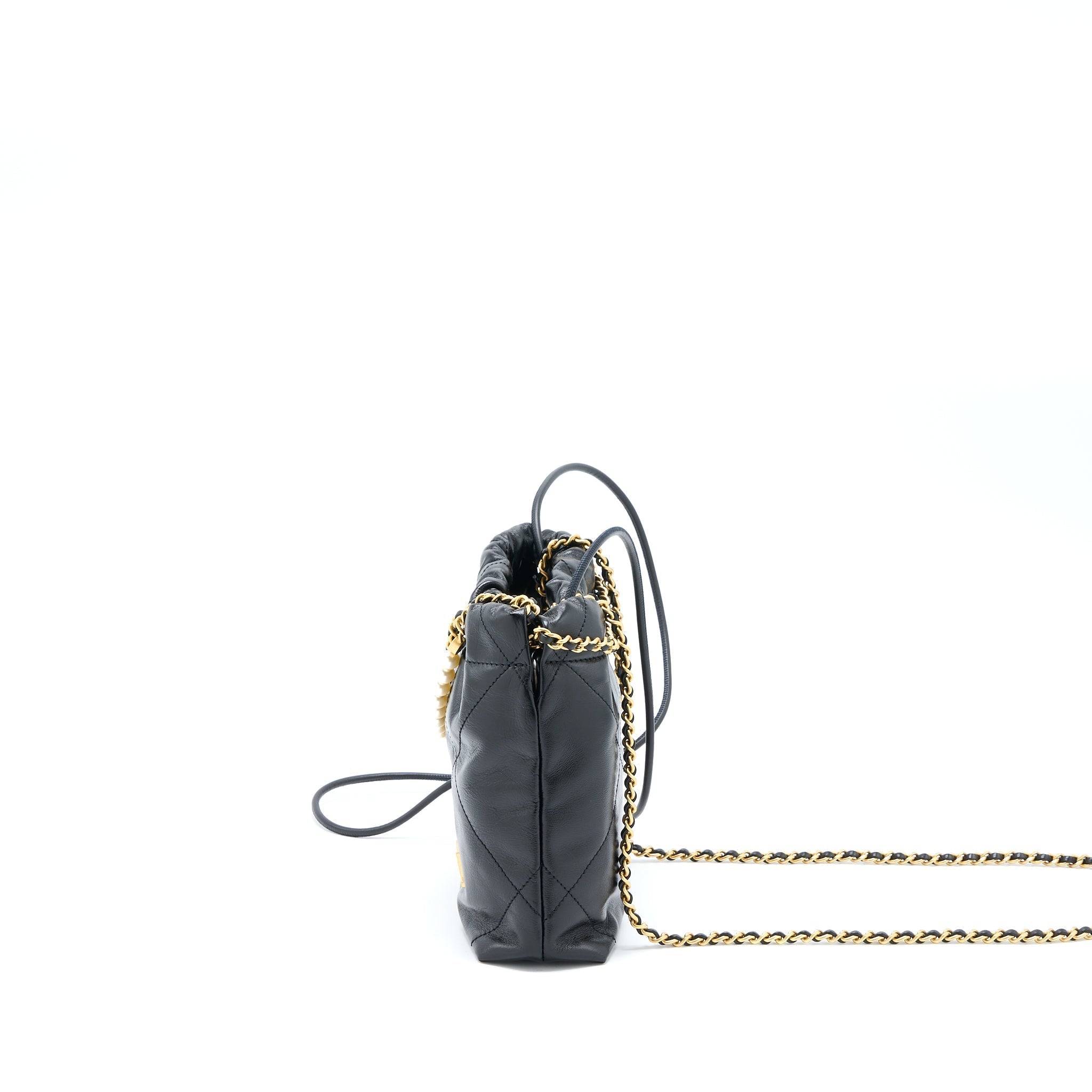 CHANEL 23S MINI 22 BAG WITH PEARL SHINY CALFSKIN BLACK BRUSHED GHW (MICROCHIP)
